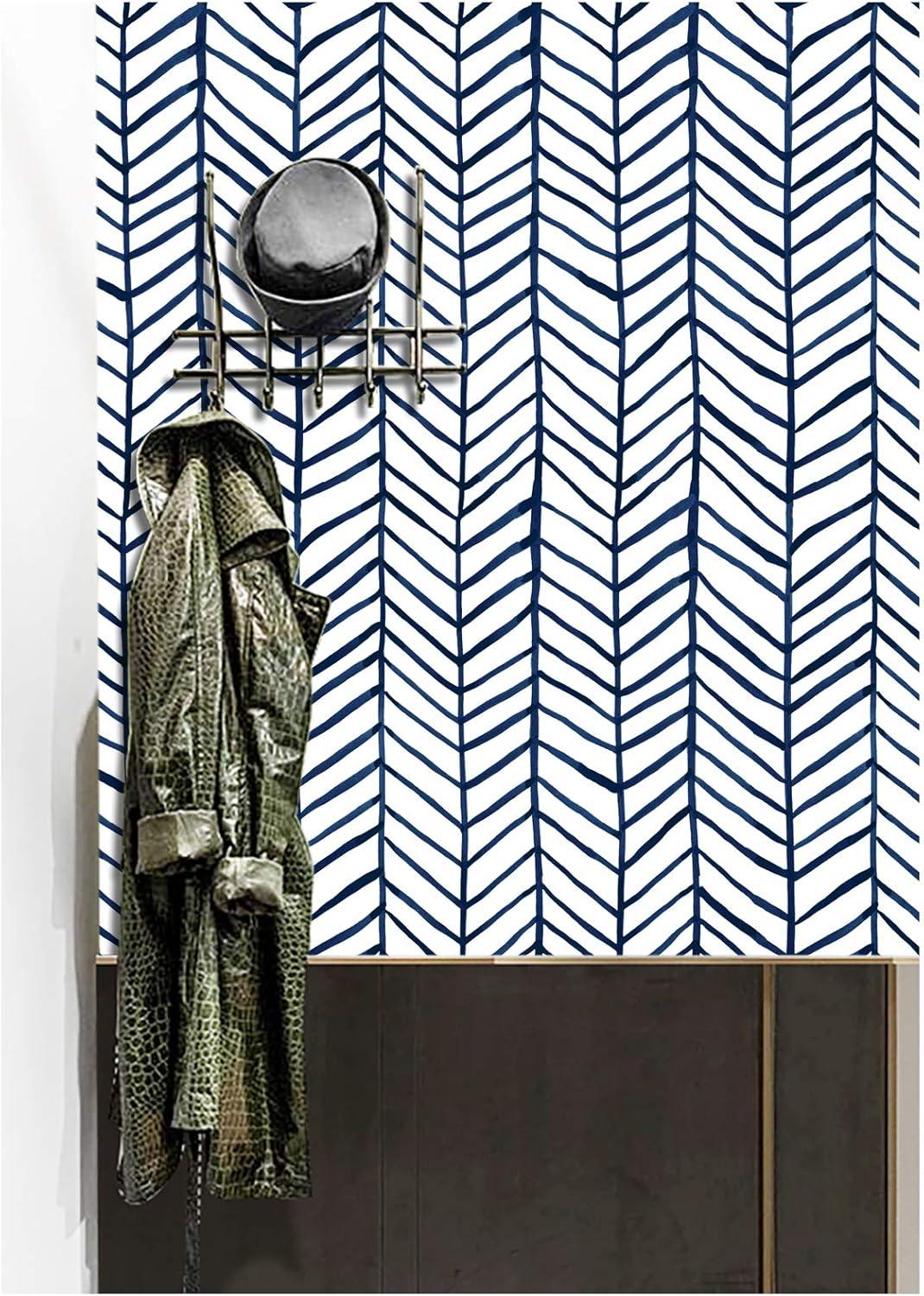 HAOKHOME Blue Wallpaper Navy Peel and Stick Wall Paper Modern Stripe for Bathroom Herringbone Removable Decoration 17.7in x 32.8ft