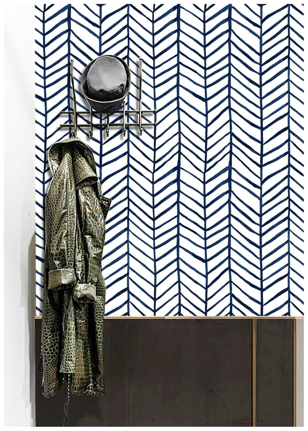 HAOKHOME Blue Wallpaper Navy Peel and Stick Wall Paper Modern Stripe for Bathroom Herringbone Removable Decoration 17.7in x 32.8ft