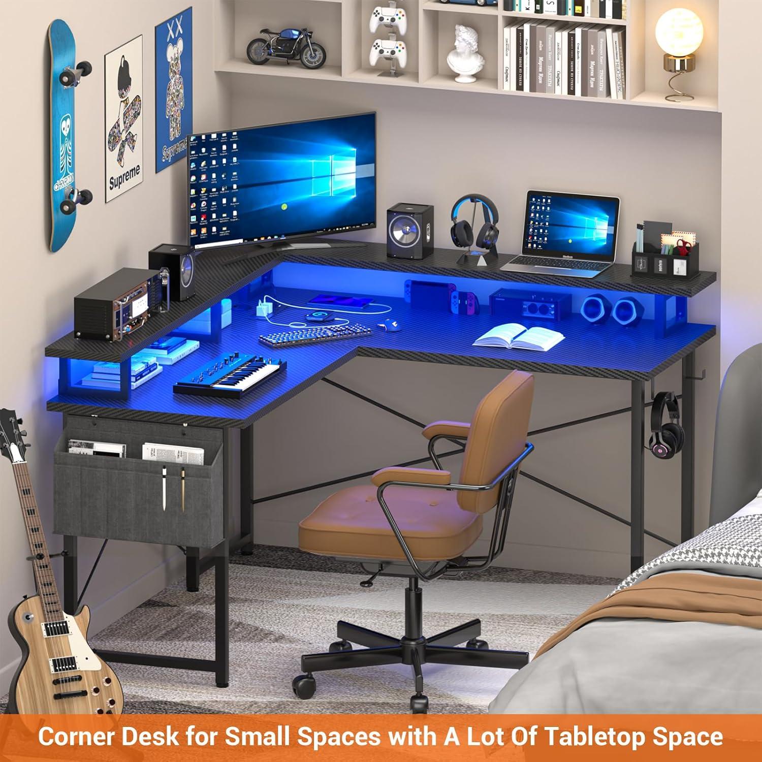 47'' Carbon Fiber Black L-Shaped Gaming Desk with Power Outlet