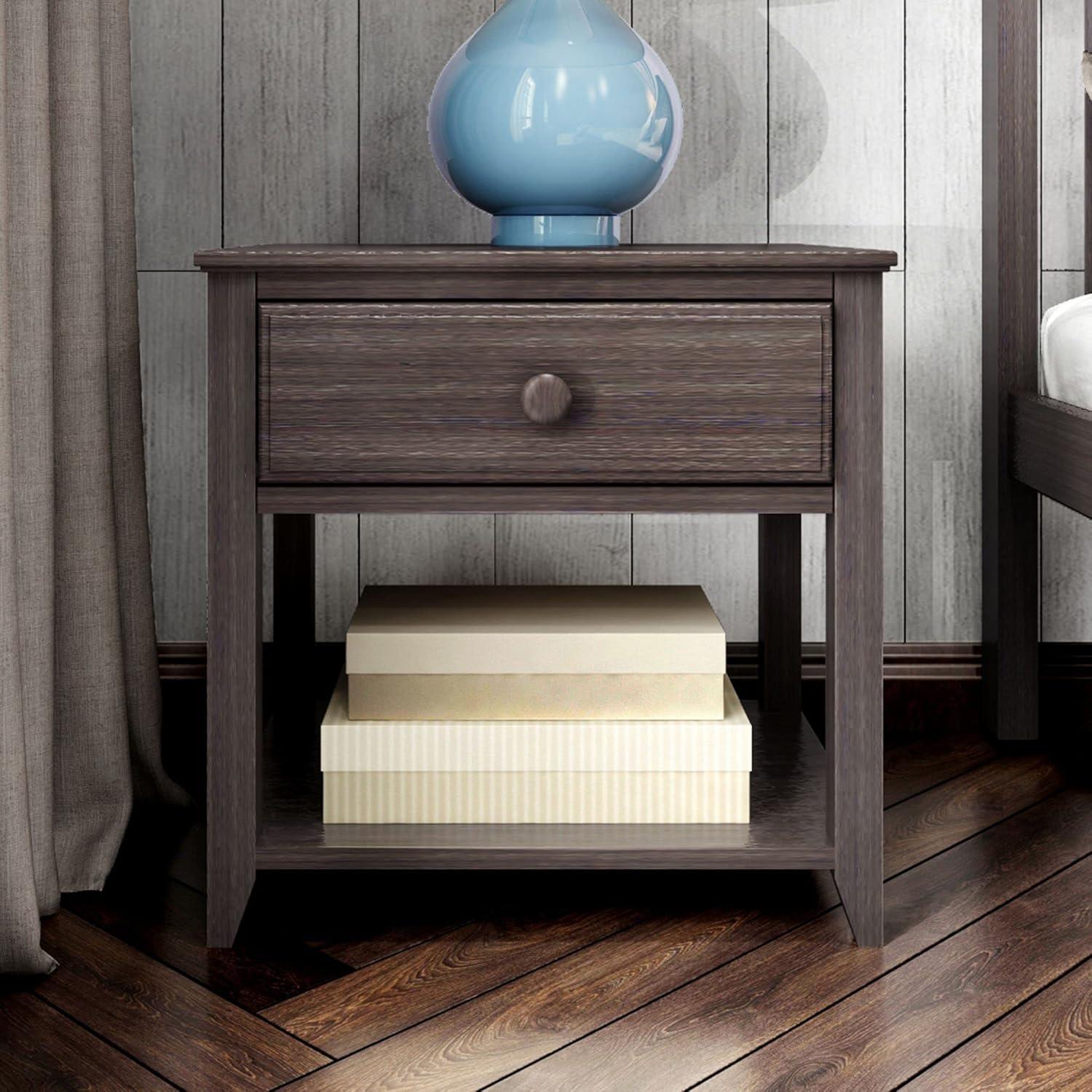 Gray Pine 1-Drawer Nightstand with Shelf