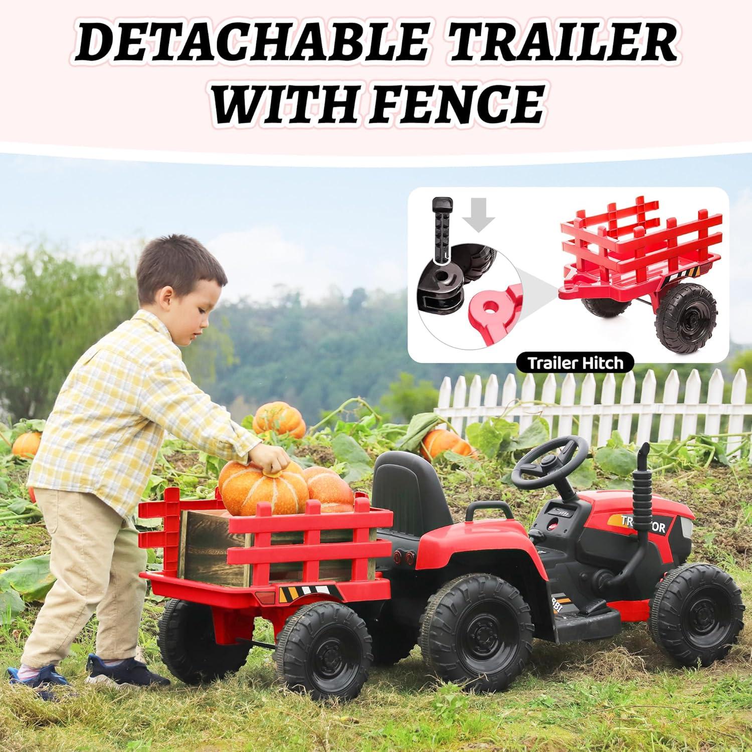 12V Kids Ride On Tractor with Trailer, Battery Powered Electric Car with Music, USB, Music, LED Lights