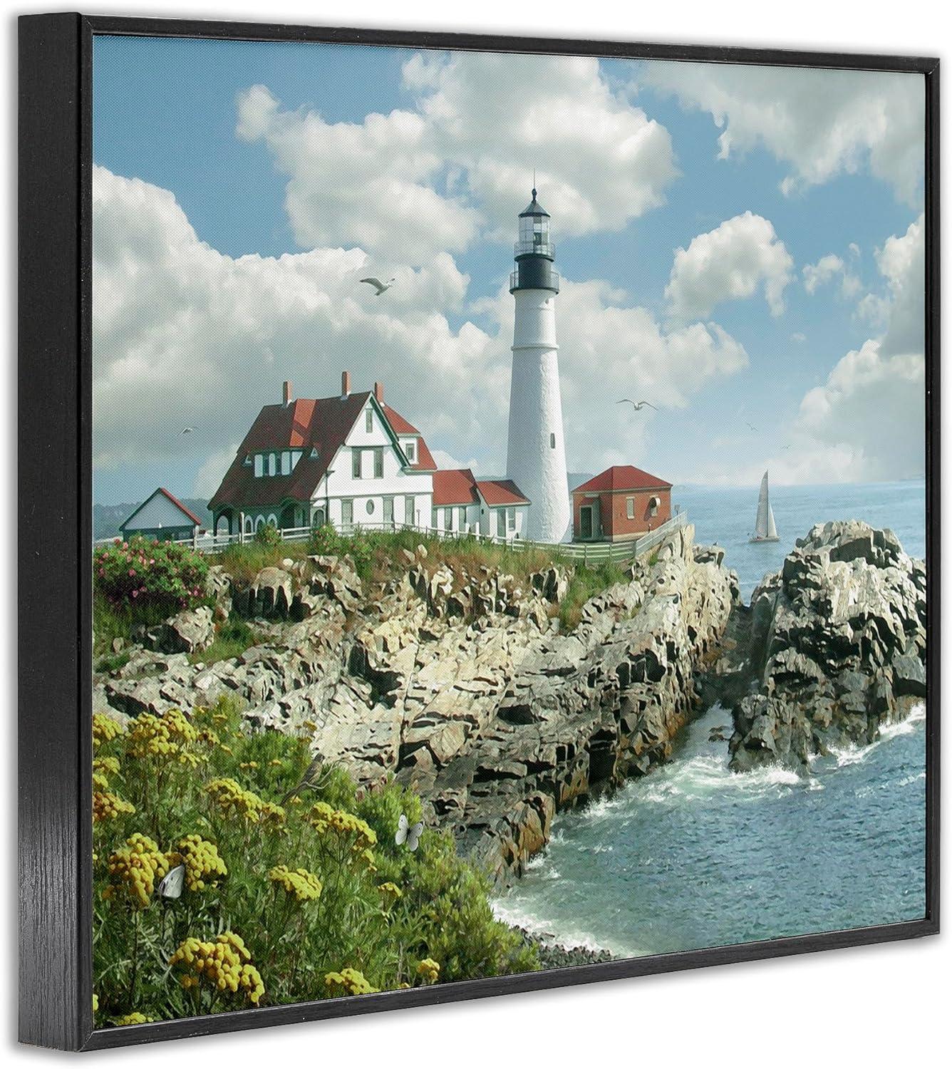 The Stupell Home Decor Collection Portland Head Lighthouse Scene Grassy Ocean Side Peninsula with Sail Boat Framed Giclee Texturized Art