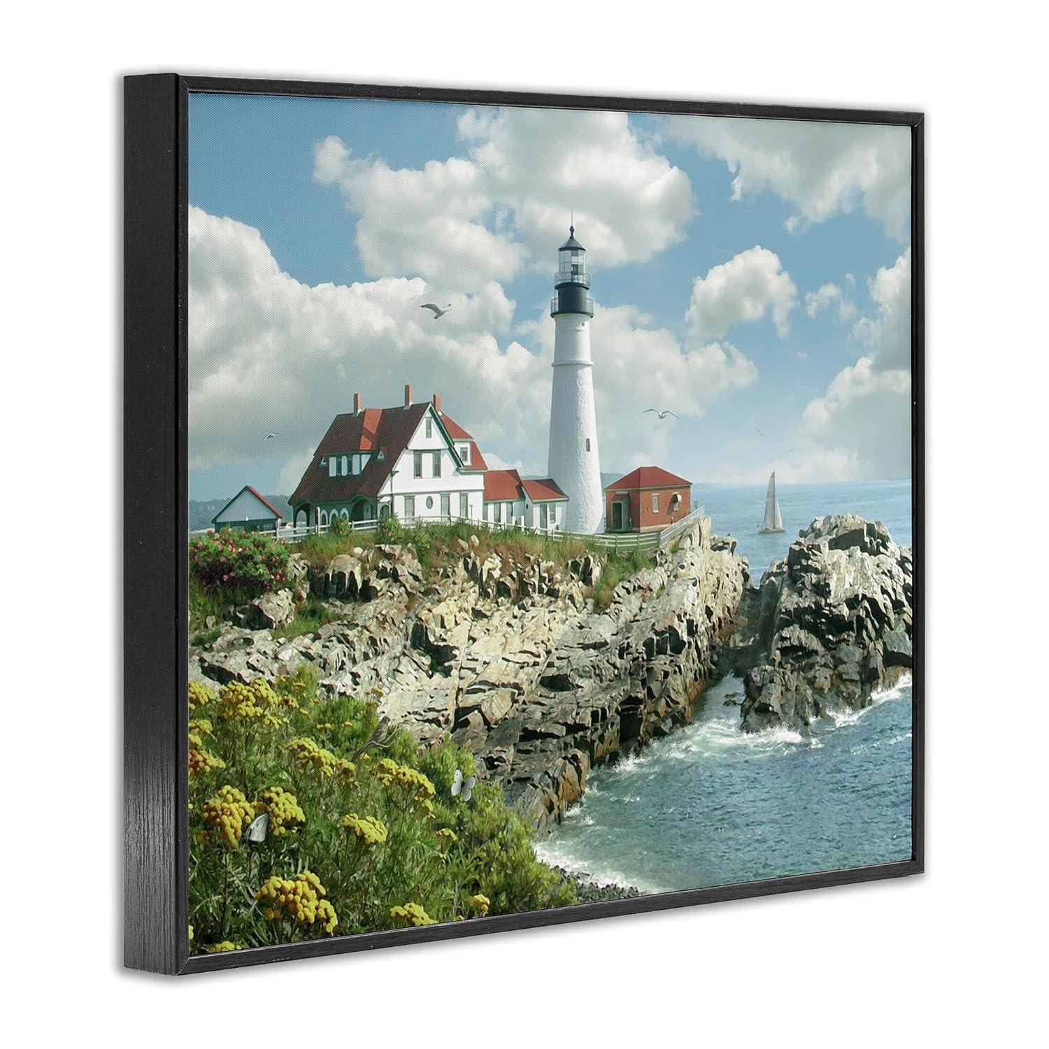 The Stupell Home Decor Collection Portland Head Lighthouse Scene Grassy Ocean Side Peninsula with Sail Boat Framed Giclee Texturized Art
