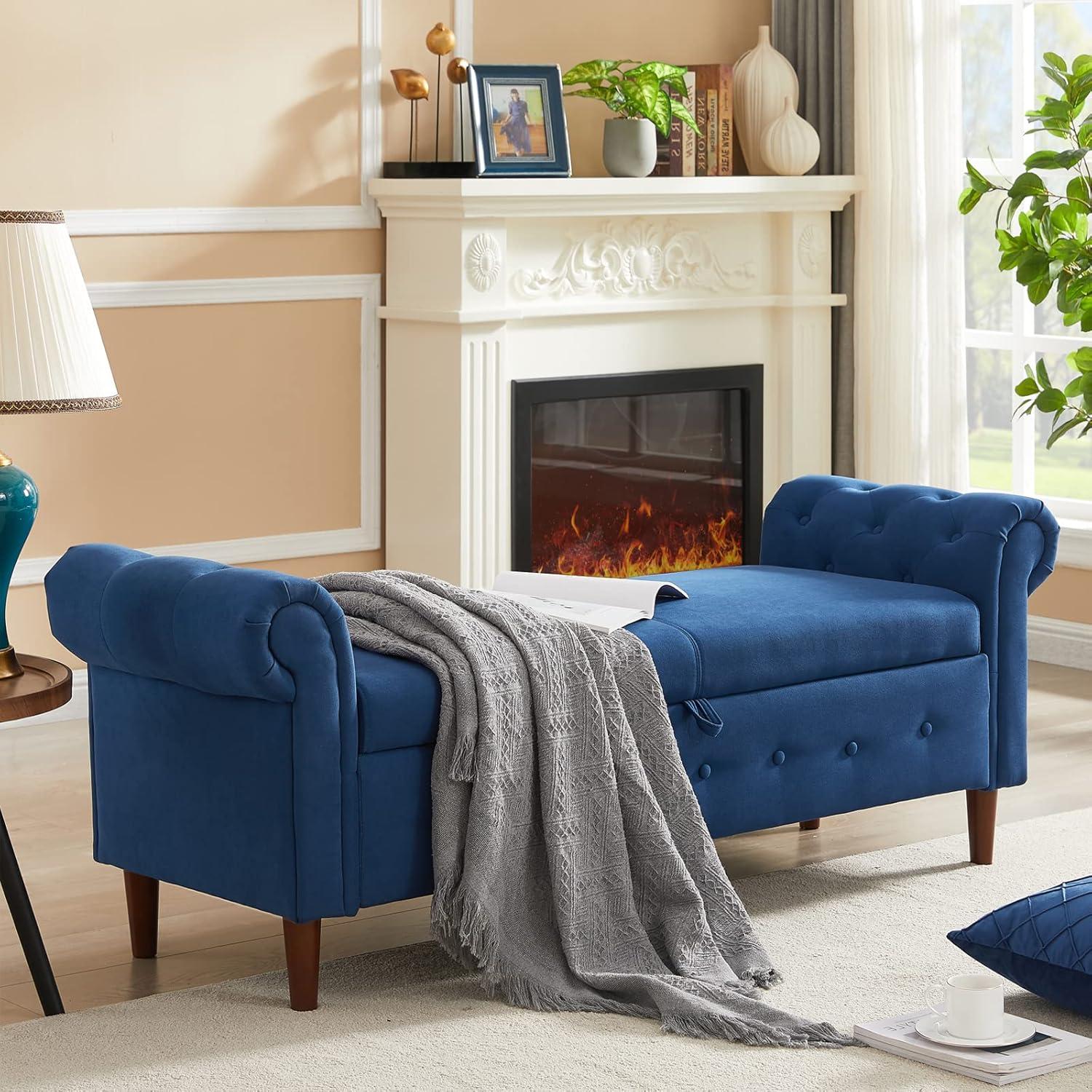 Navy Blue Linen Rolled Arm Storage Bench with Wooden Legs