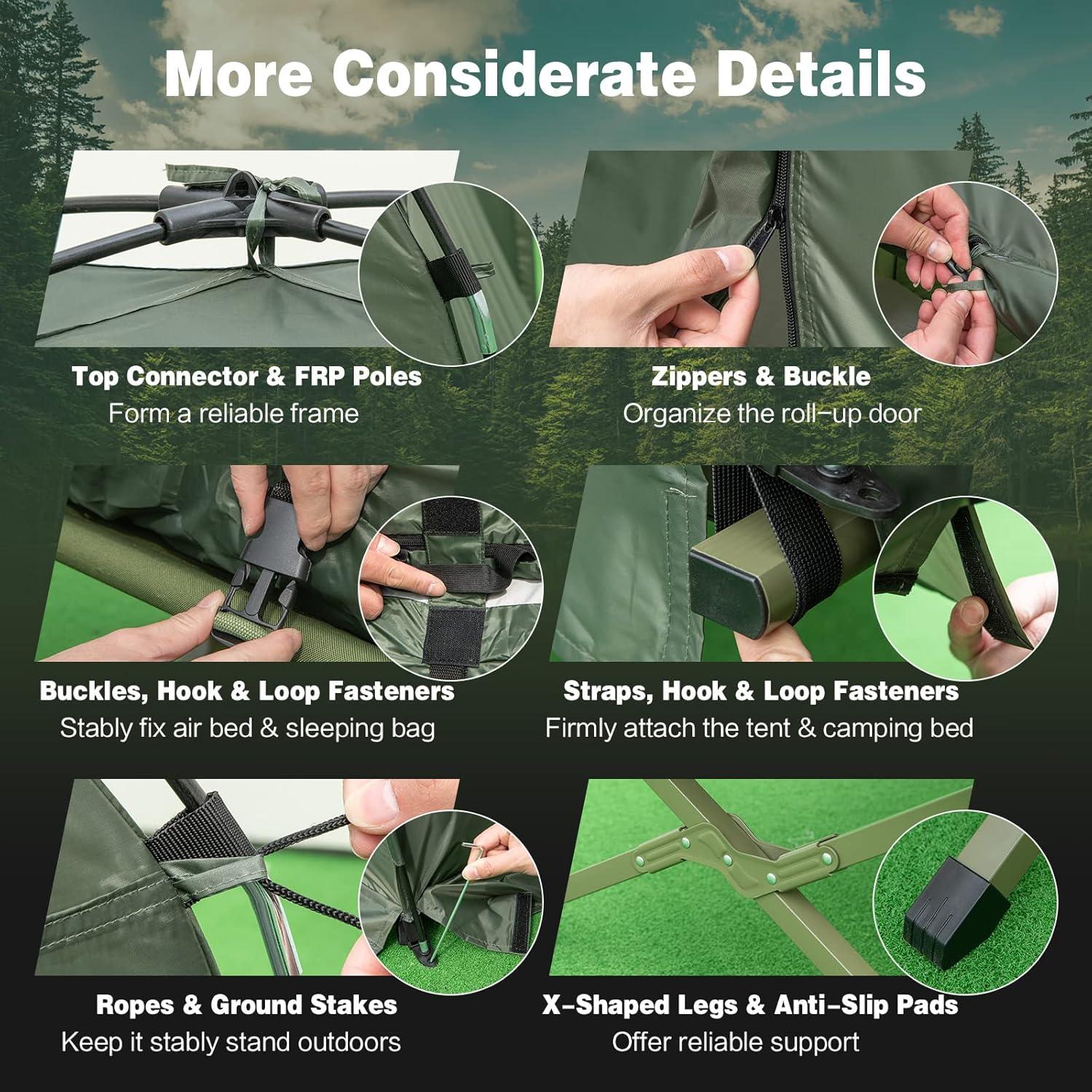 BANGTANE Tent Cot for Camping 1-Person, All-in-1 Folding Tent Combo w/Air Mattress, Sleeping Bag, Carry Bag & Foot Pump, Off Ground Travel Cot for Hiking, Backpacking, Fishing & Picnic