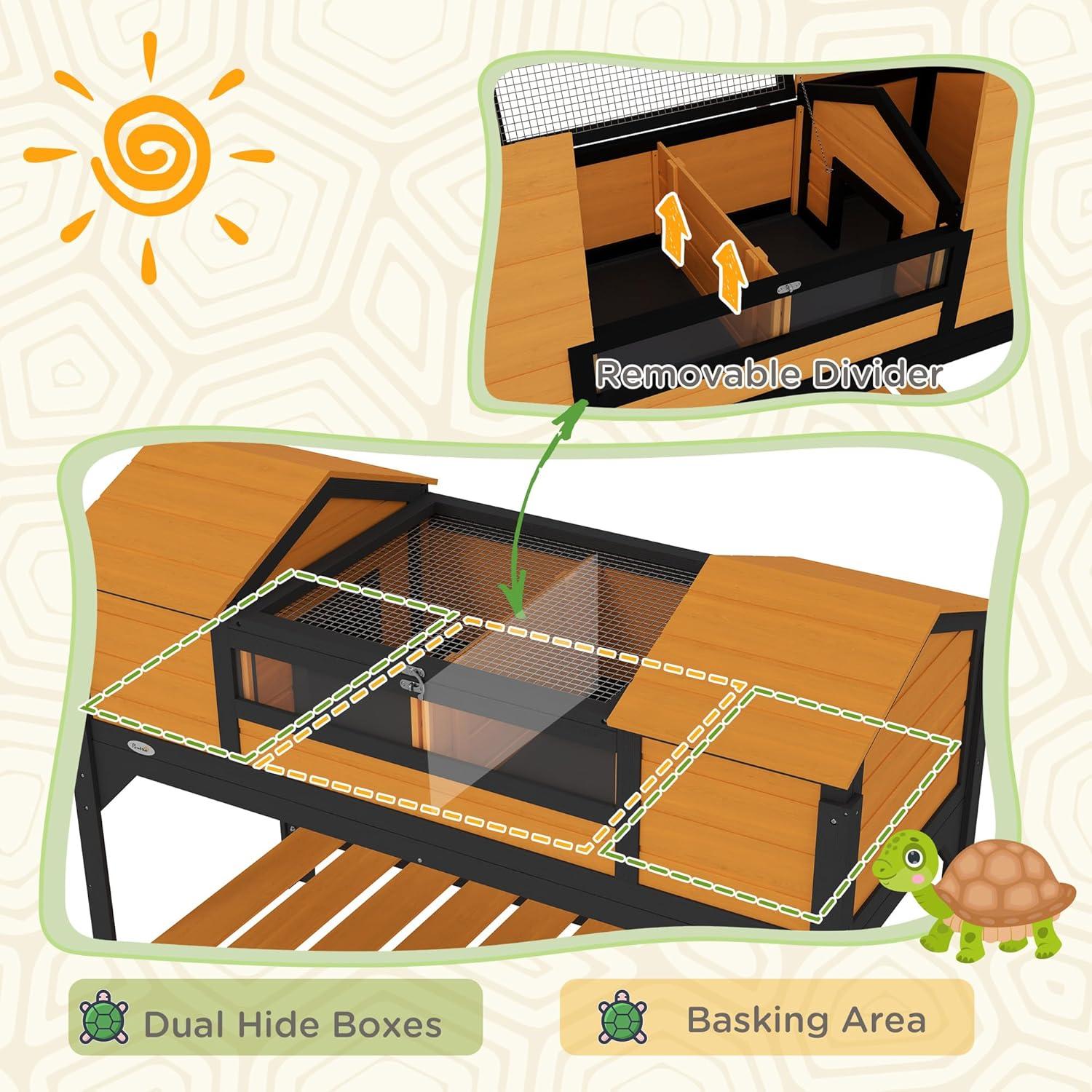 PawHut Tortoise Habitat with Adjustable Lamp Holder, Wooden Tortoise Enclosure with Storage Shelf, Dual Main Houses, Fixed Tray, Openable Lid, Yellow