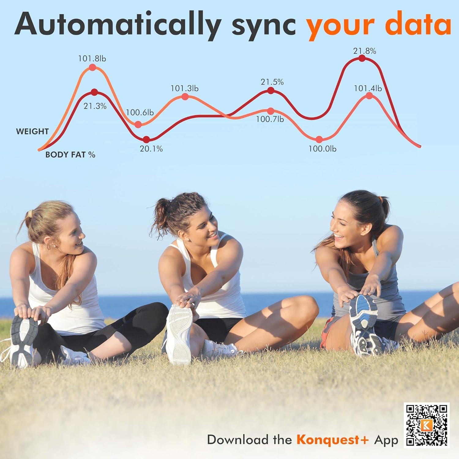 KONQUEST Smart Scale for Body Weight, Digital Bathroom Scale BMI Weighing Bluetooth Body Fat Scale, Body Composition Monitor Health Analyzer with Smartphone App, 400 lbs - Black