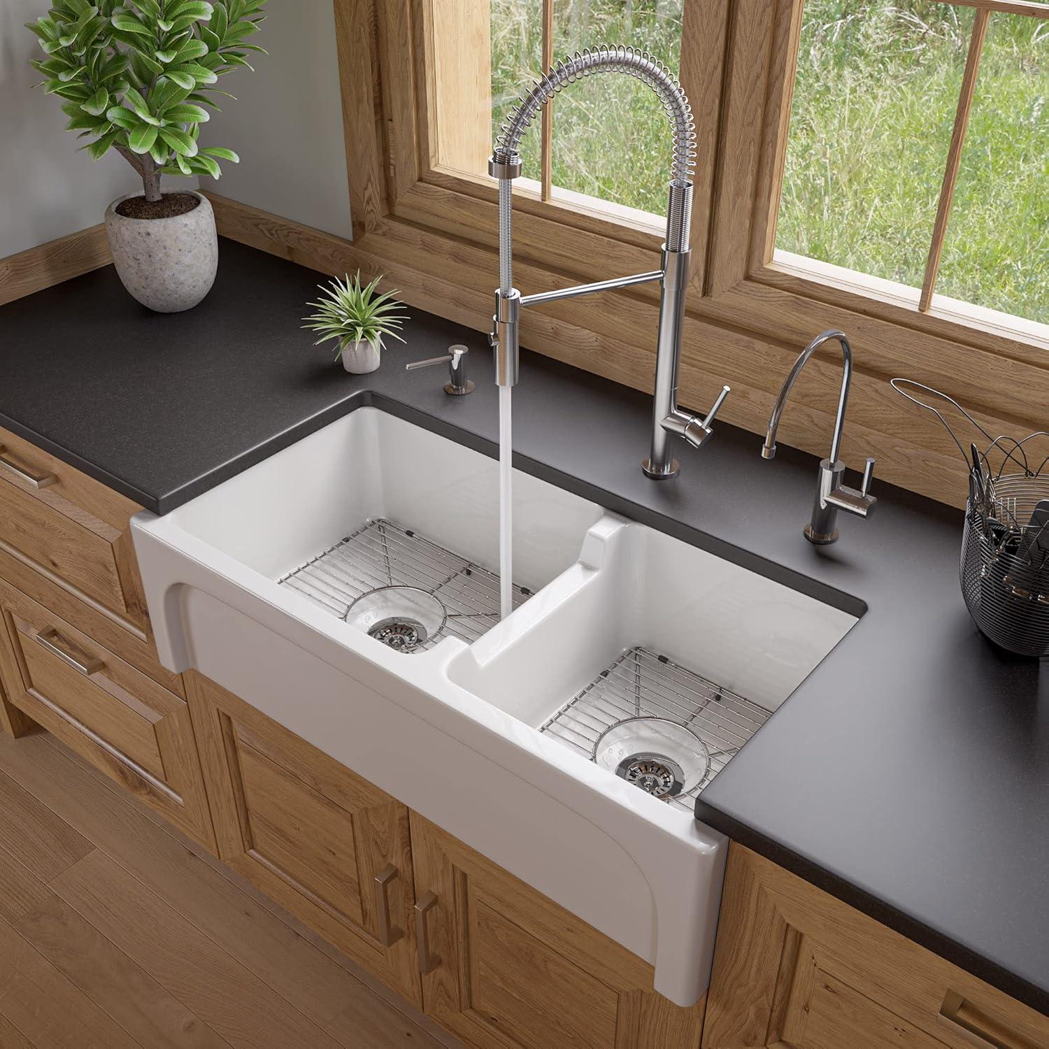 36'' White Fireclay Double Bowl Farmhouse Sink