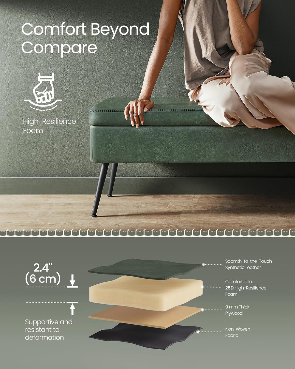 VASAGLE EKHO Collection - Storage Ottoman Bench Leather Entryway Bedroom Bench 15 Gallons for Bedroom Living Room Loads 660 lb Forest Green