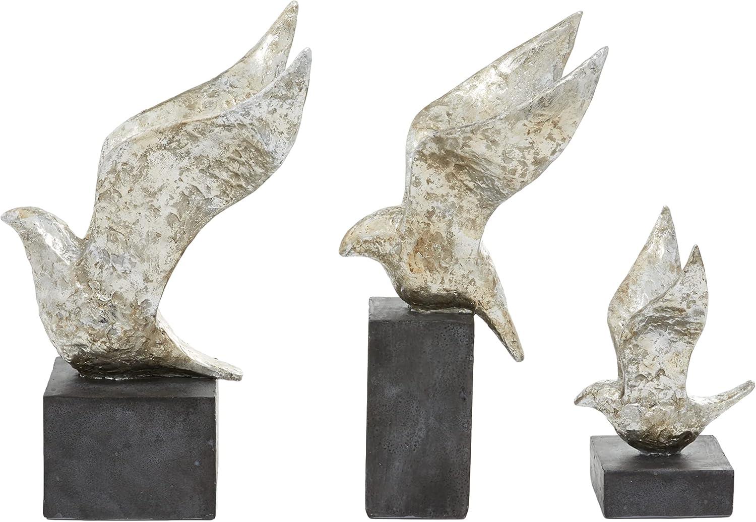 14", 9", 14"H Silver Polystone Bird Sculpture, by DecMode (3 Count)