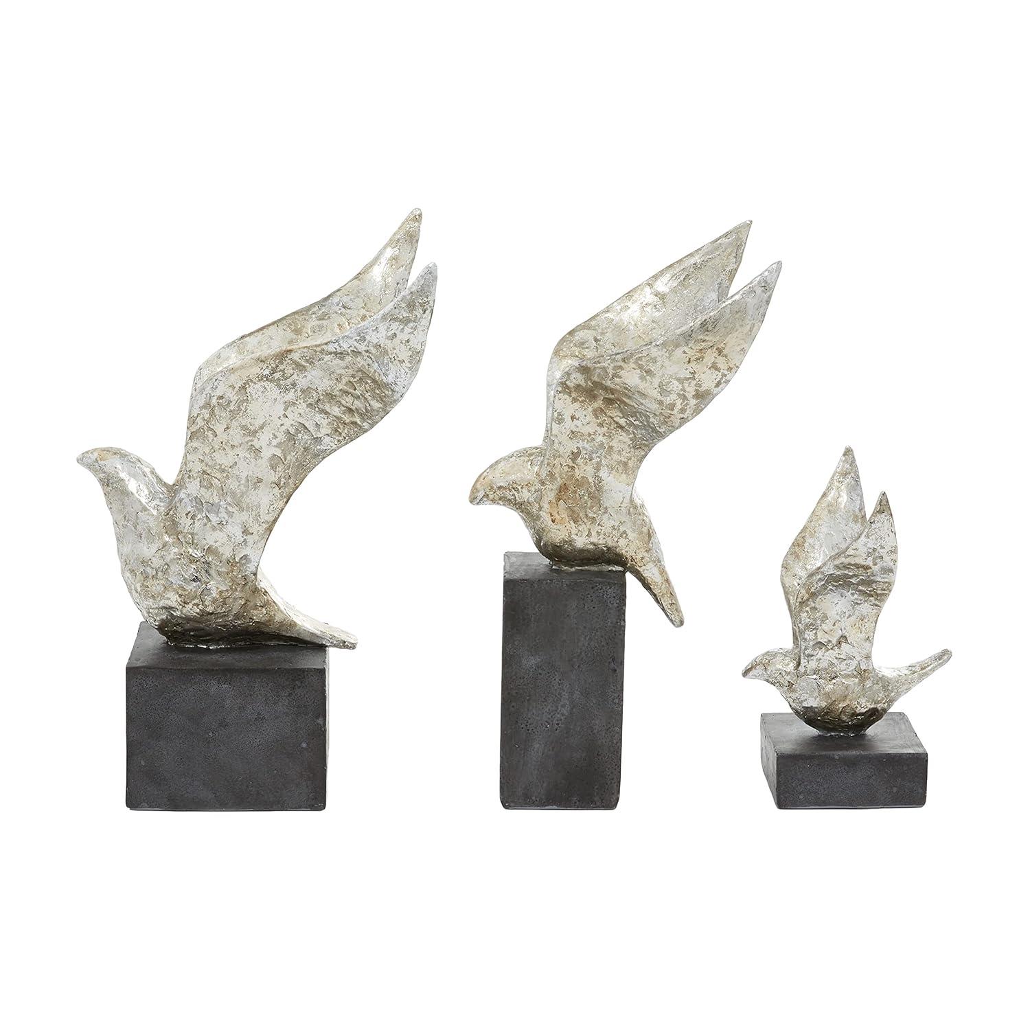 14", 9", 14"H Silver Polystone Bird Sculpture, by DecMode (3 Count)