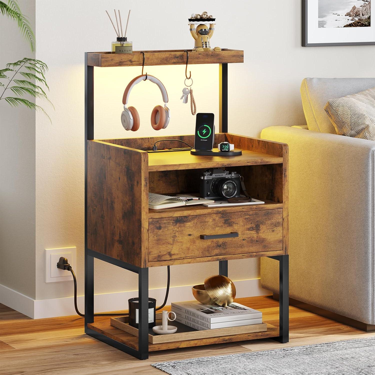 Brown LED Night Stand with Charging Station, Modern Bedside Table for Bedroom