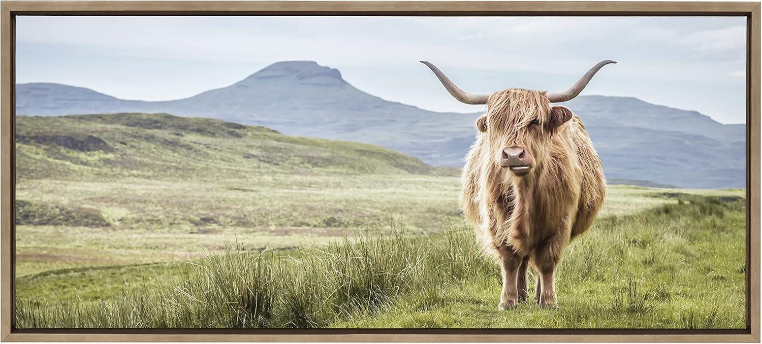 Kate and Laurel Sylvie Highland Cow Mountain Landscape Framed Canvas by The Creative Bunch Studio