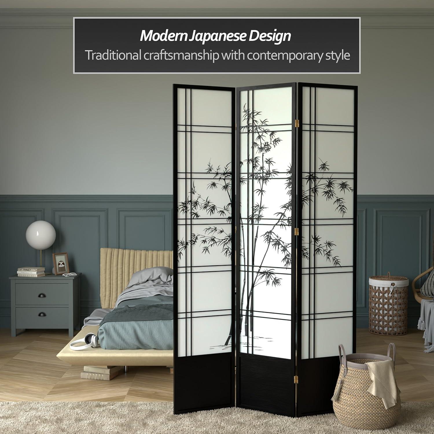 Oriental Furniture 7 Ft Tall Double Cross Bamboo Tree Shoji Screen, 3 panel, black