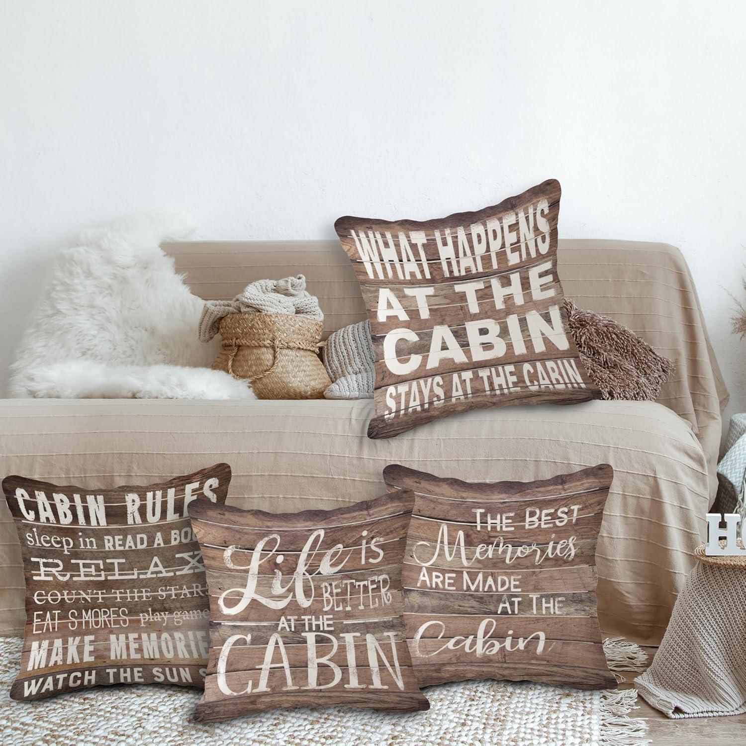 (RB) Life is Better at The Cabin Vintage Wood Grain Throw Pillow Case, 18 x 18 Inch Set of 4, Cabin Outdoor Porch Decorative, Cabin Decor, Cabin Rules Decor, Cabin Pillows Cover for Sofa Couch Bed