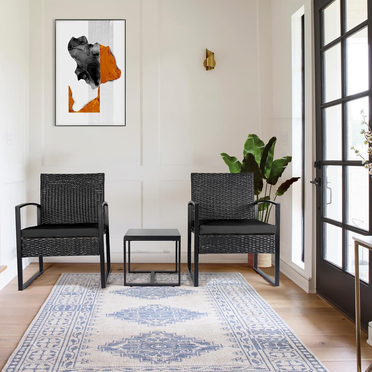 Black Steel and Wicker 3-Piece Patio Bistro Set with Beige Cushions