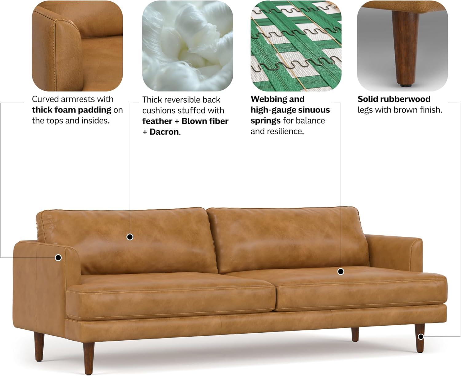 Simpli Home Livingston Top Grain Genuine Leather Mid-Century Modern Sofa With Solid Wood Frame For Living Room