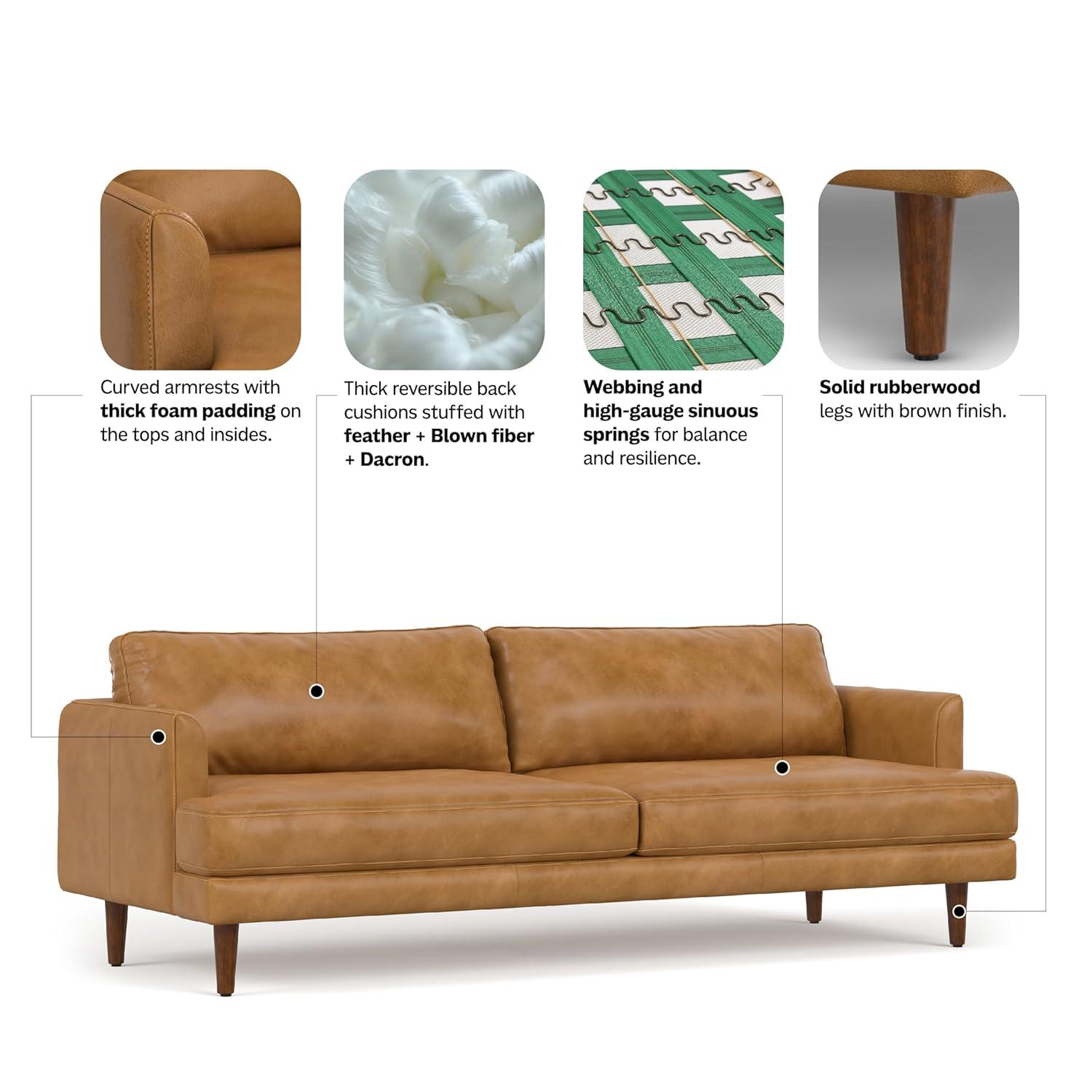 Simpli Home Livingston Top Grain Genuine Leather Mid-Century Modern Sofa With Solid Wood Frame For Living Room