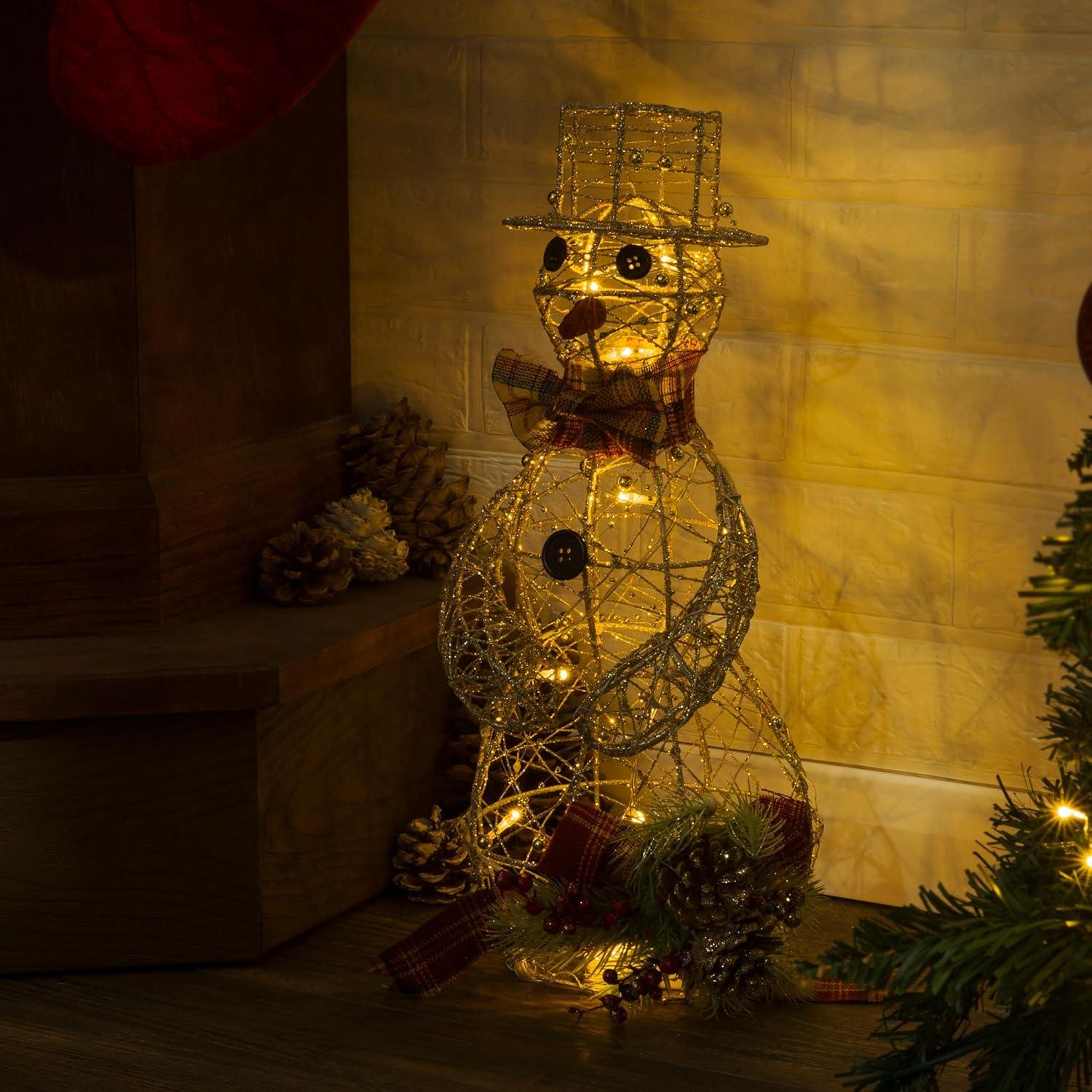 Gold Wire Snowman with Warm White LED Lights, 18 Inches