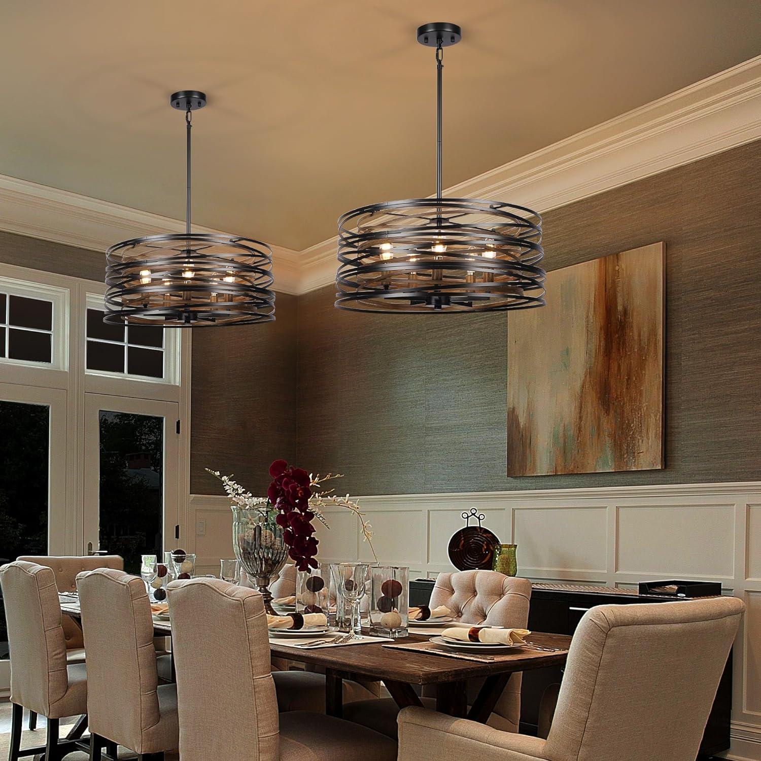 Dining Room Lighting Fixture, 5-Light Farmhouse Black Chandelier Drum Light, Round Metal with Retro Wood Texture Interior, E12 Bulbs Not Included