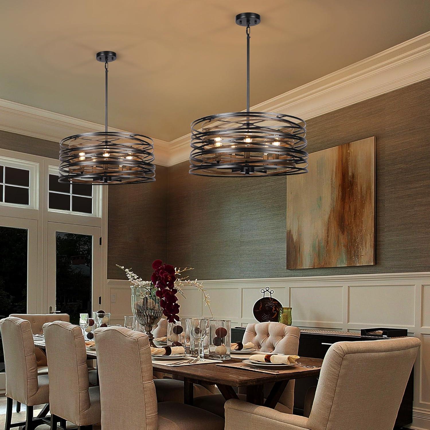 Dining Room Lighting Fixture, 5-Light Farmhouse Black Chandelier Drum Light, Round Metal with Retro Wood Texture Interior, E12 Bulbs Not Included