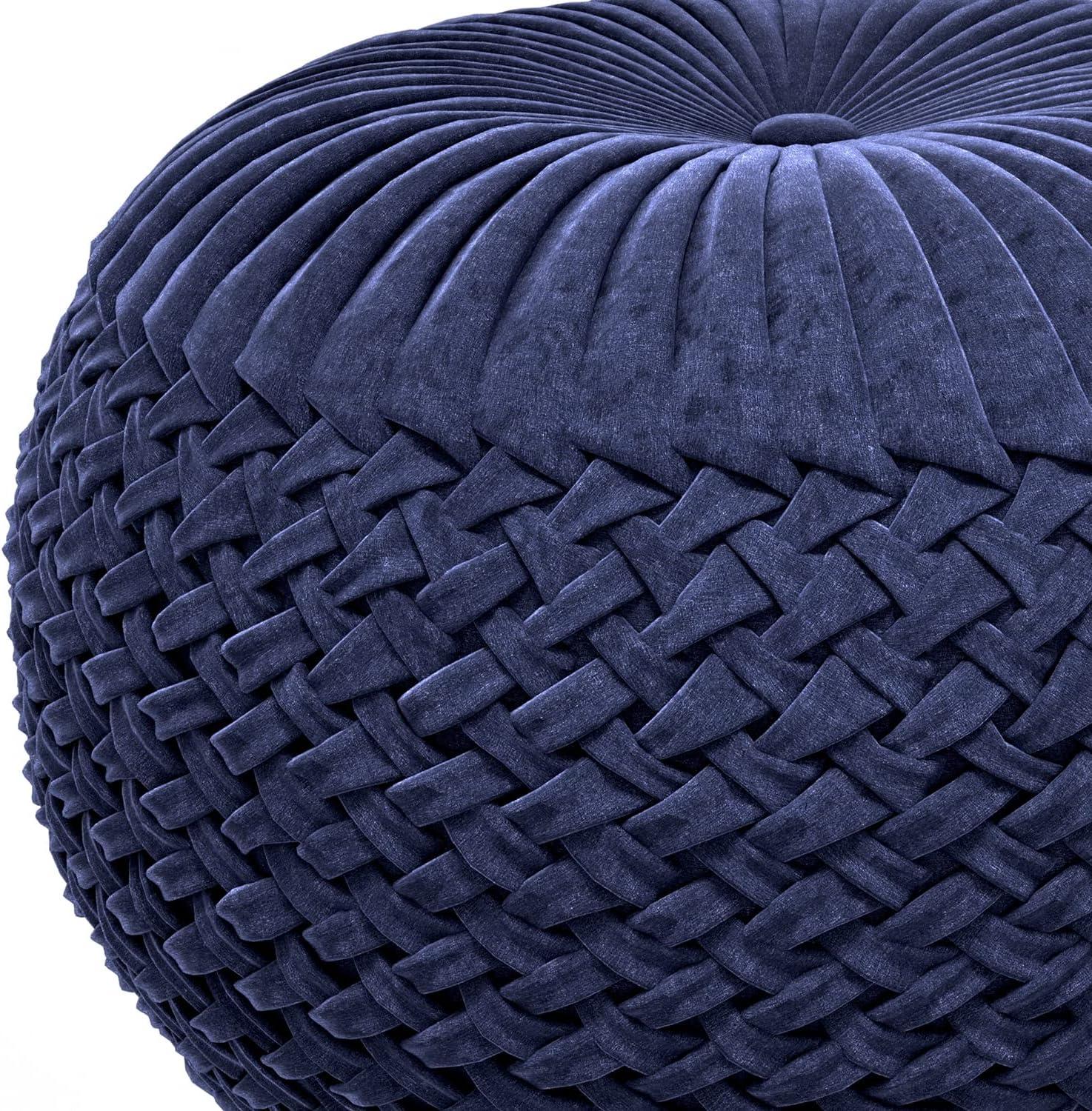 Simpli Home Grafton Transitional Round Pouf in Dark Blue Velvet Fabric