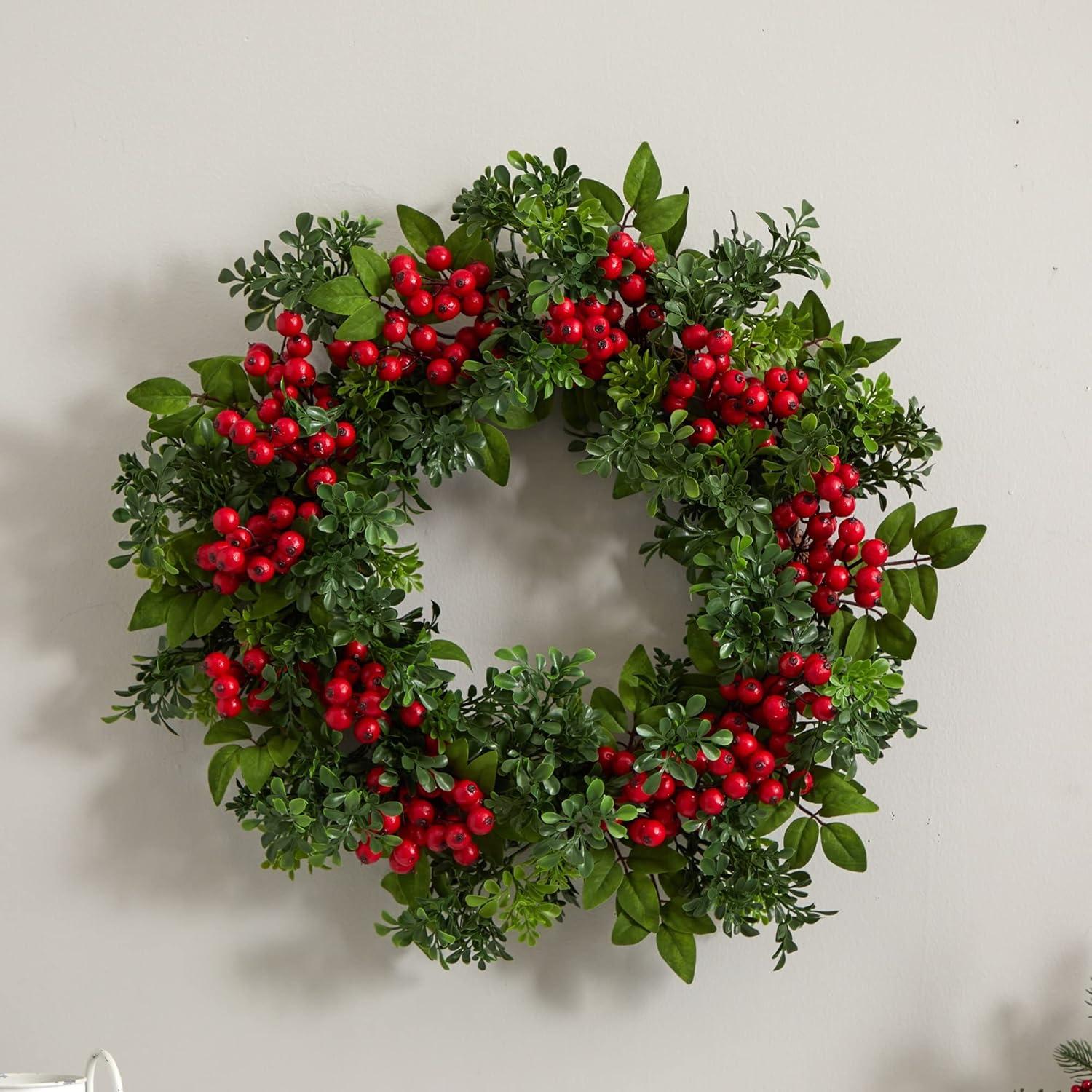 Nearly Natural Berry Boxwood Wreath 24": Faux Polyester & Plastic, Indoor Wall Decor, Unlit Winter Theme