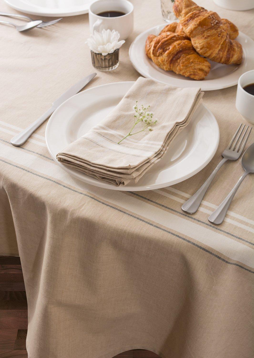 Greige and White Cotton Round Tablecloth, 70 Inches