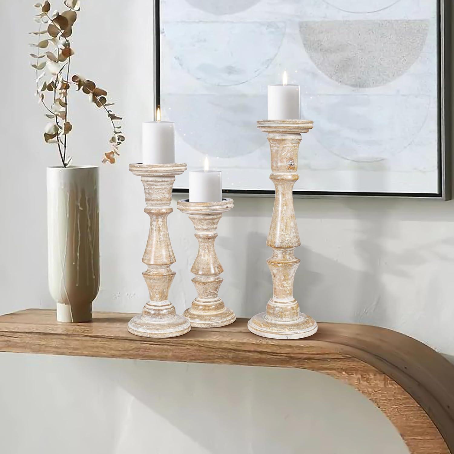 DecMode Traditional and Timeless Mango Wood Pillar Candle Holder Set of 3, 6", 8", 10"H, Cream Finish