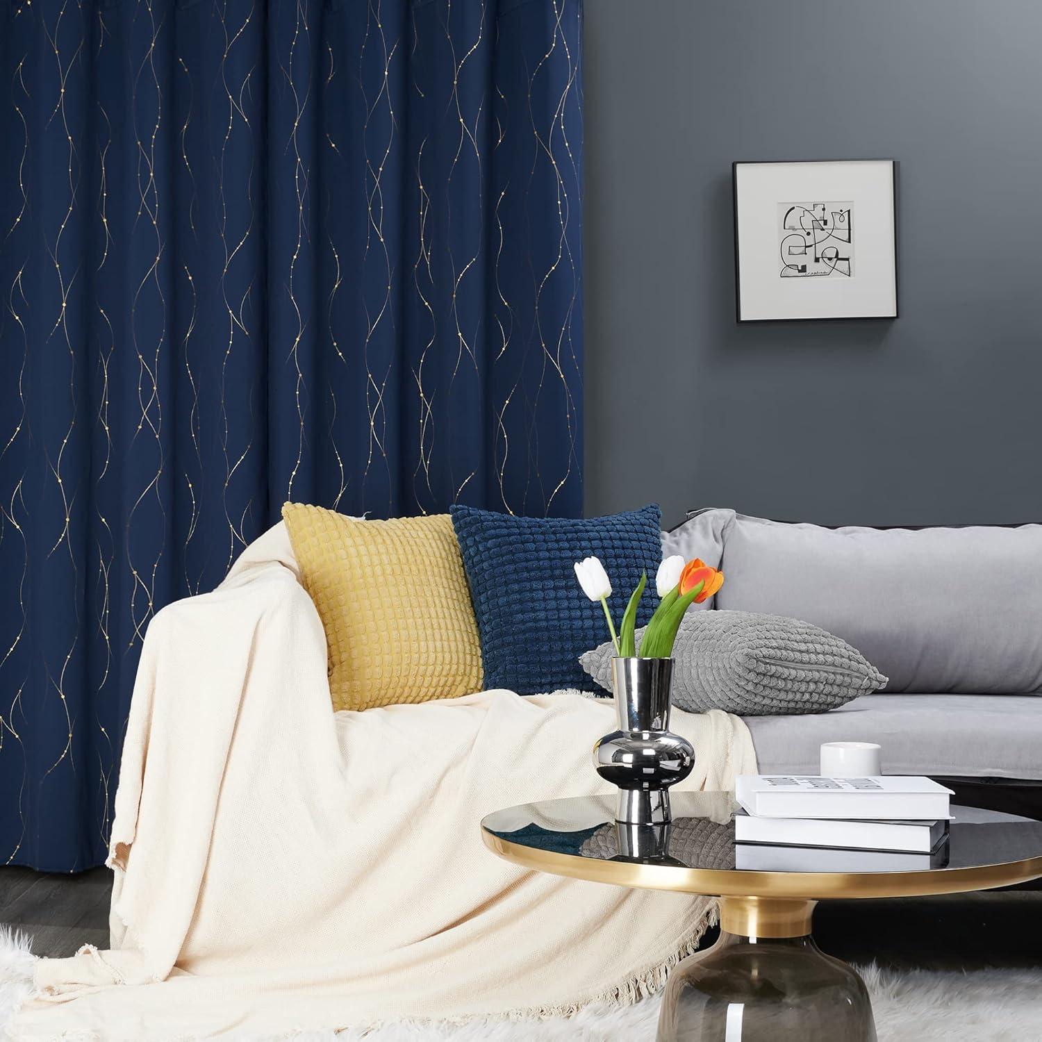 Deconovo Room Darkening Blackout Curtains, Navy Blue, 42W x 45L Inch, Gold Foil Printed Wave Line and Dots Pattern Grommet Window Drapes