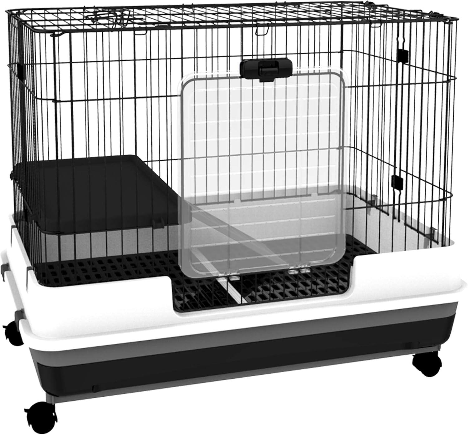 PawHut 2-Level Small Animal Cage Rabbit Hutch with Wheels, Removable Tray, Platform and Ramp for Bunny, Chinchillas, Ferret, Black