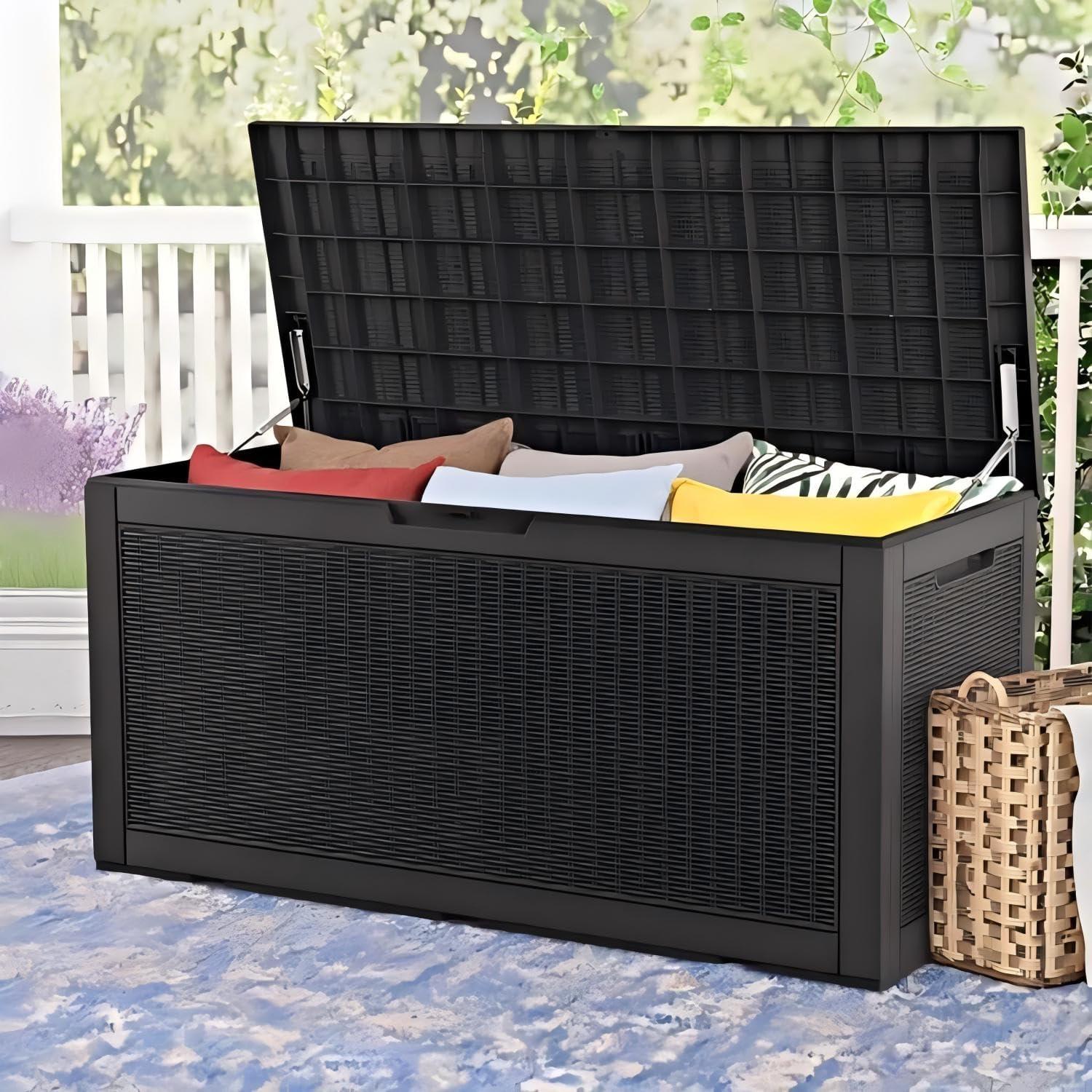 GEMBIK 100 Gallon Resin Deck Box, Large Outdoor Storage Bench with Cushions, Black
