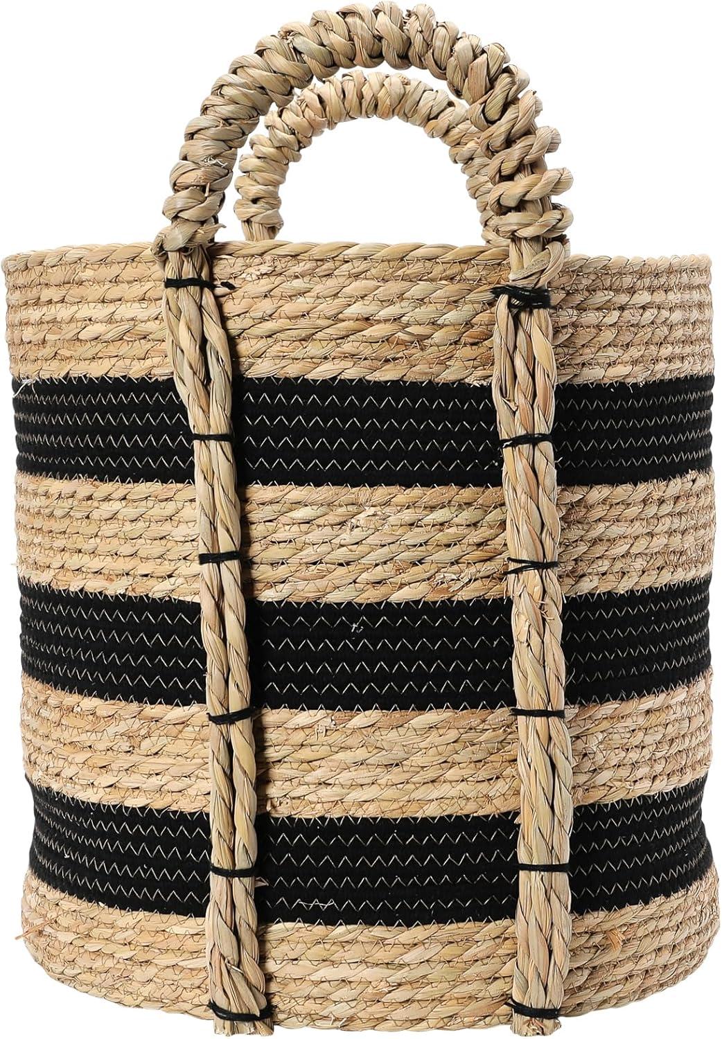 Household Essentials Braided Handle Basket Black/Natural: Large Round Seagrass Decorative Wicker Basket 20.1" Height