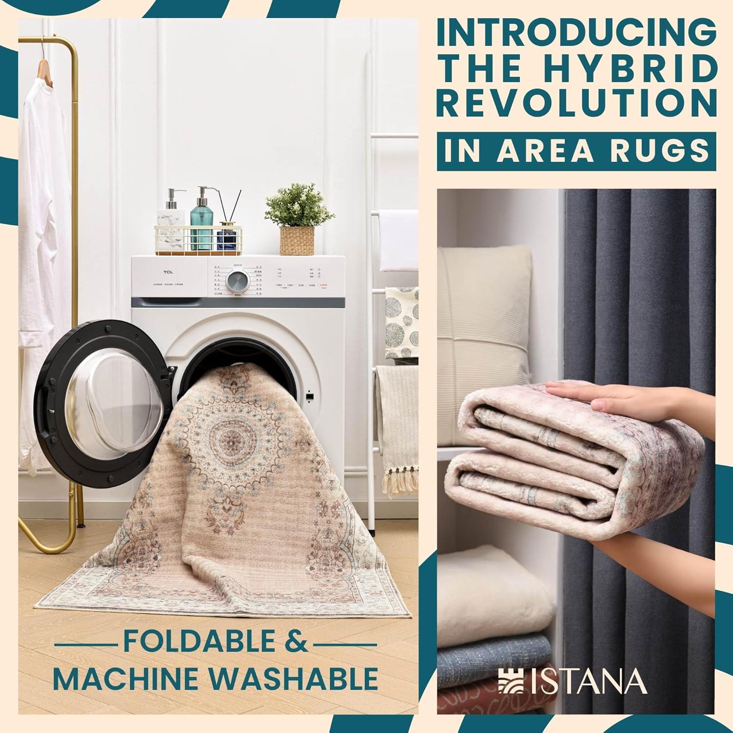 Istana Beige Area Rug 8x10, Machine Washable, Stain Resistant, Foldable, Non-Shedding, Farmhouse Rugs for Living Room, Eco-Friendly