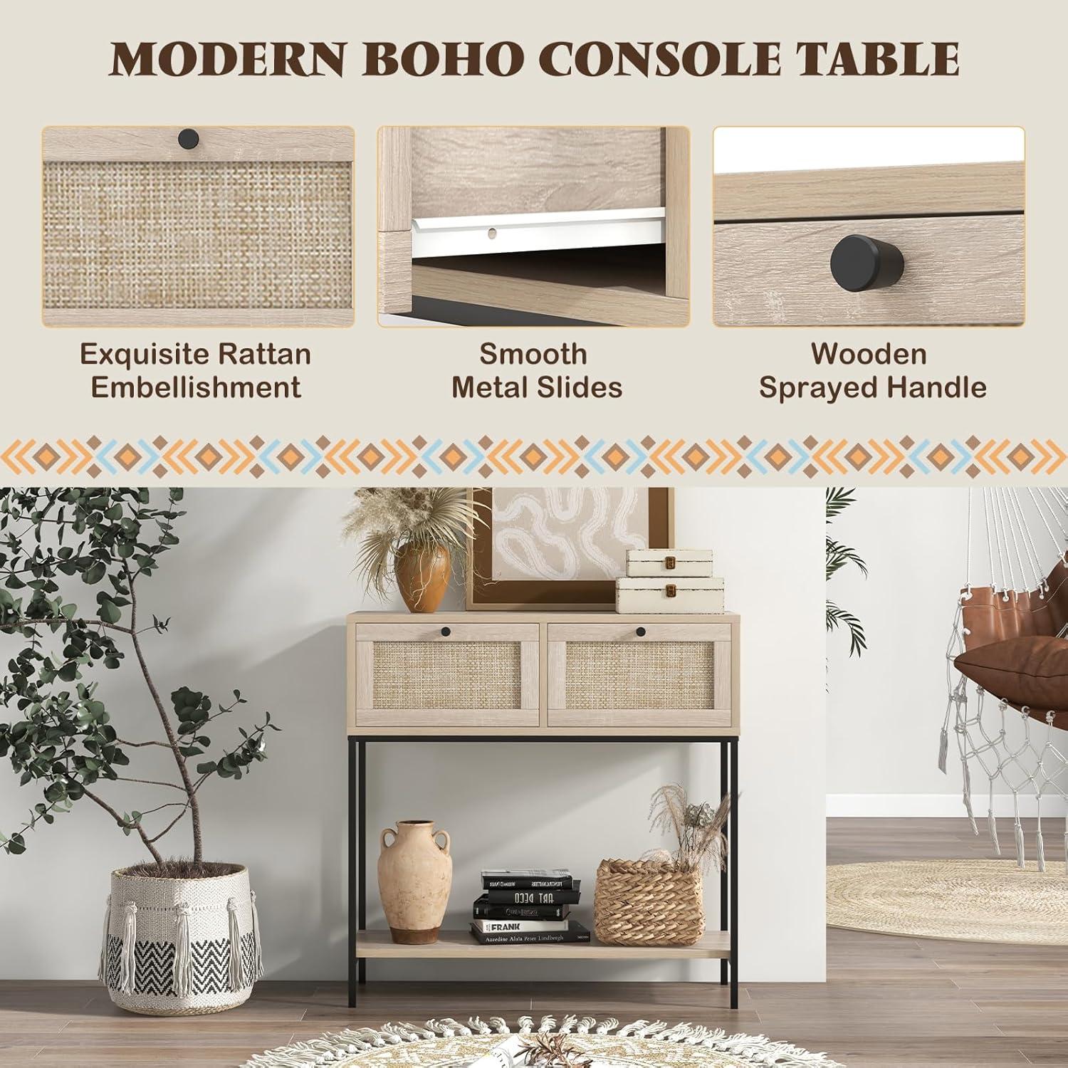 Spaco Rattan Console Table Boho Entryway Table with 2 Rattan Drawers and Open Storage Shelf-Oak, Entryway Table Hallway Table, Storage-Friendly Hallway Table for Foyer & Entry Spaces
