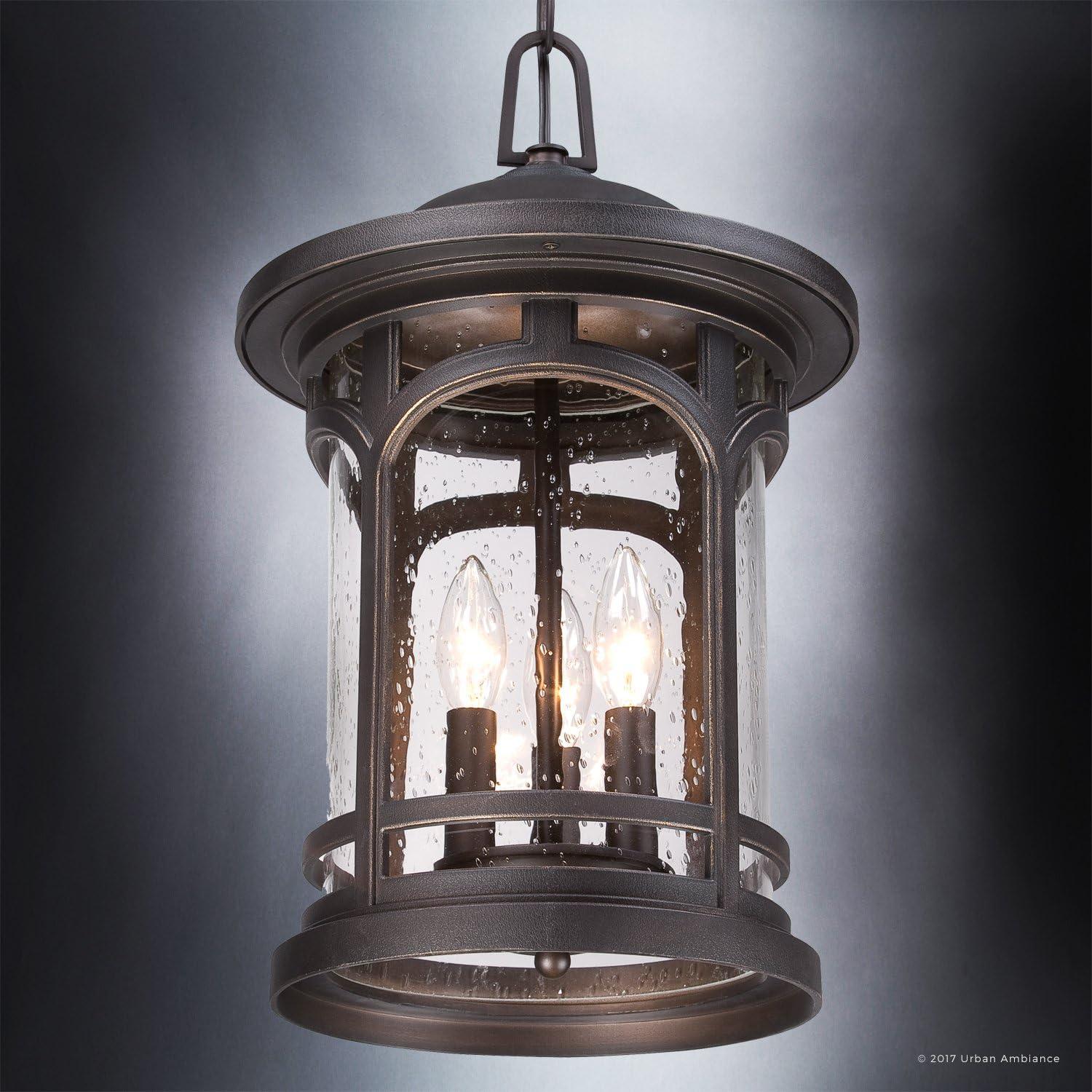 Urban Ambiance Luxury Rustic Outdoor Pendant Light, Large Size: 18"H x 11"W, with Colonial Style Elements, Wrought Iron Design, Oil Rubbed Parisian Bronze Finish and Seeded Glass, UQL1109