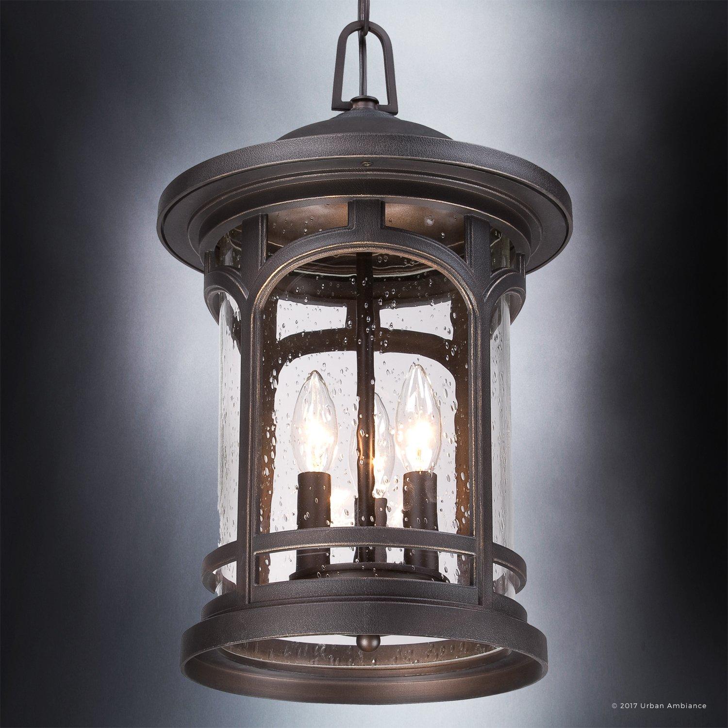 Urban Ambiance Luxury Rustic Outdoor Pendant Light, Large Size: 18"H x 11"W, with Colonial Style Elements, Wrought Iron Design, Oil Rubbed Parisian Bronze Finish and Seeded Glass, UQL1109