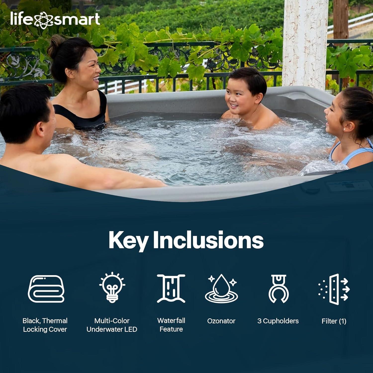Lifesmart Spas 5 Person Plug and Play Hot Tub, 110 Volt 28 Jet Outdoor Spa with LED, Waterfall, Durable Thermal Cover, and Ozonator, LS350DX, Taupe