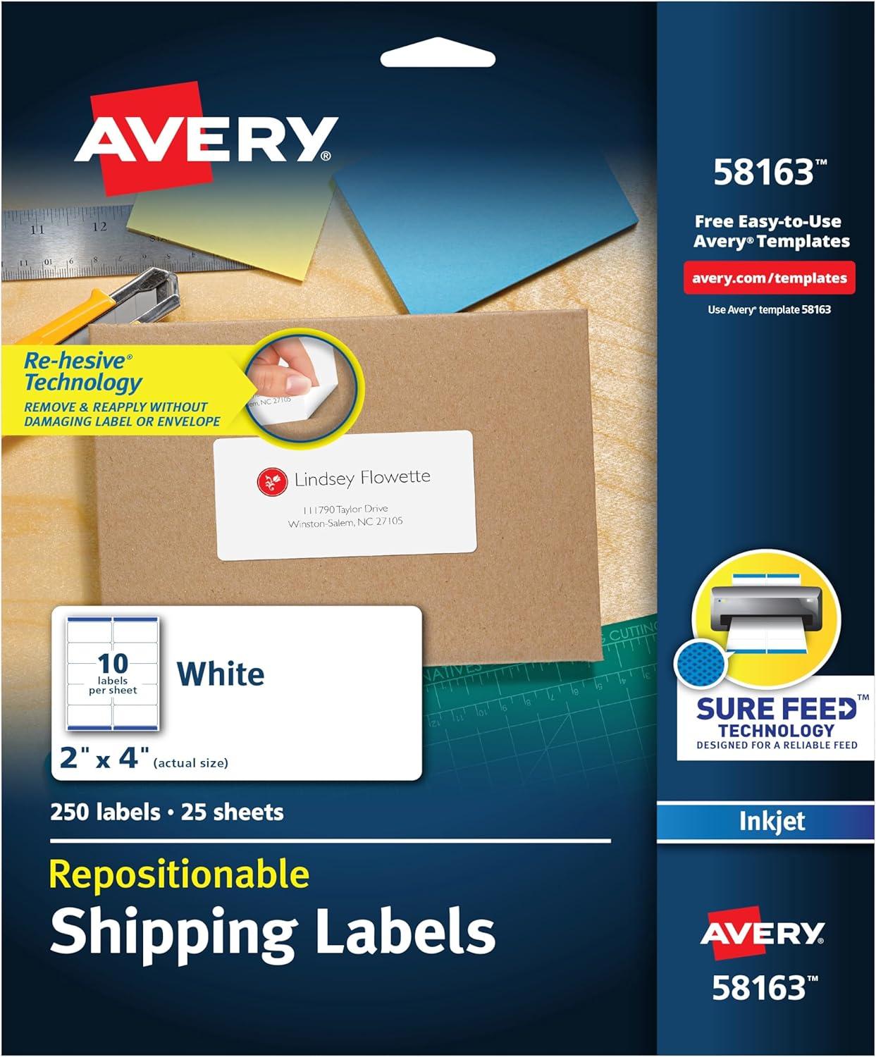 Avery Repositionable Shipping Labels, Sure Feed Technology, Repositionable Adhesive, 2" x 4", 250 Labels (58163)