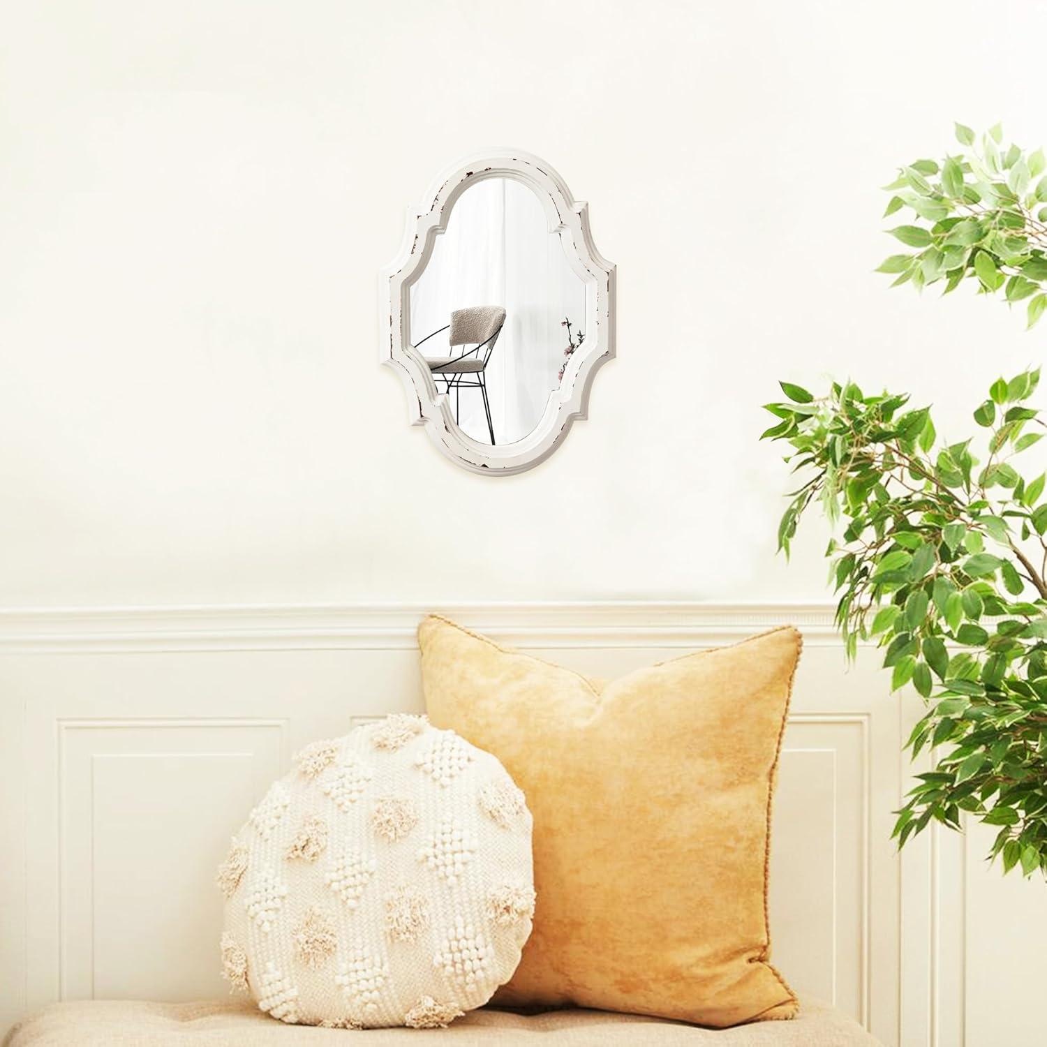 Sintosin Vintage Oval Mirrors for Wall Decor 11", Hanging Farmhouse Wood Entryway Mirror, Handmade Distressed White Rustic Scalloped Mirror Wall Decor, Ornate Accent Sculpted Mirror for Bedroom