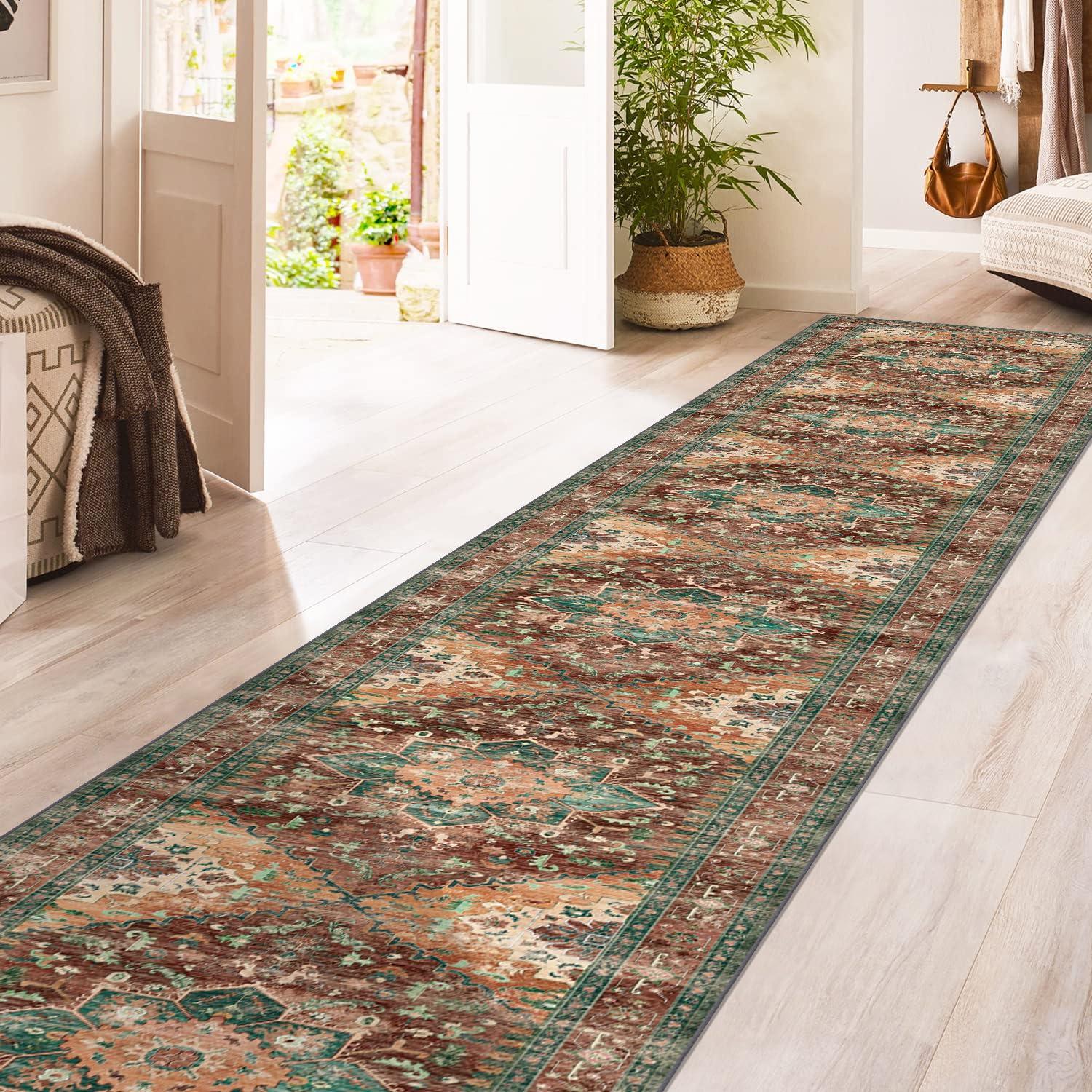 Washable Runner Rug, 2'3" x 14' Non-Slip Boho Vintage Hallway Rug Runner with Rubber Backing, Stain Resistant & Low Pile Faux Wool Distressed Carpet Runner for Bedroom, Kitchen, Laundry, Entrance