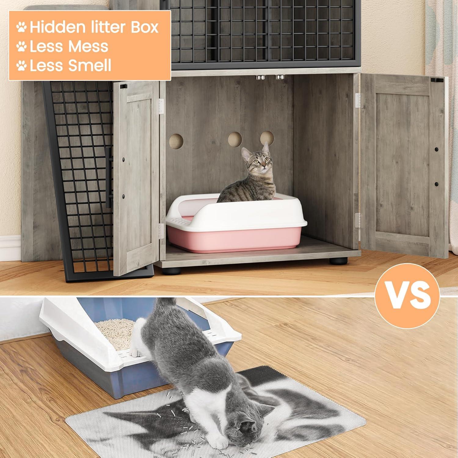 Modern Villa Litter Box Enclosure with Platform, Double Layer Hidden Furniture