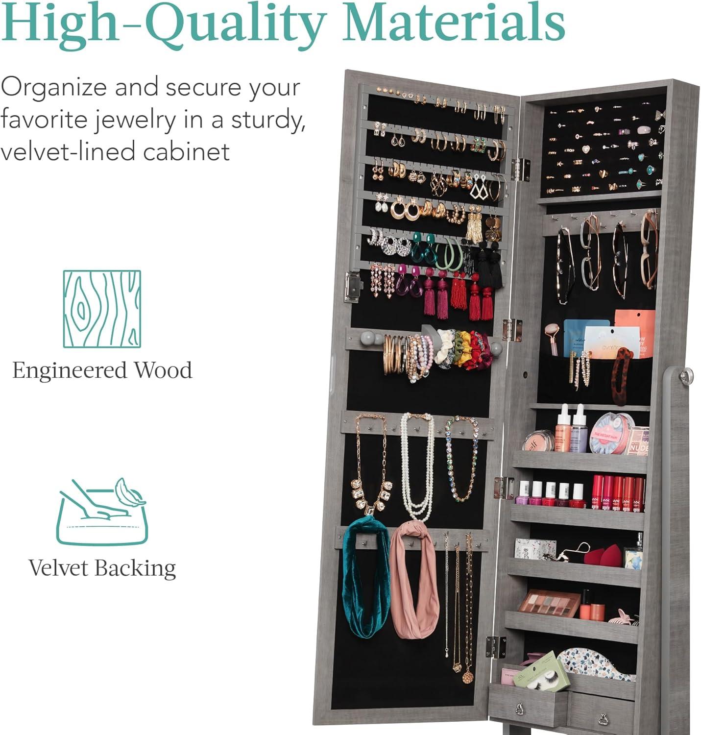 Best Choice Products Jewelry Armoire Cabinet, Full Length Mirror w/ Velvet Storage Interior, Lock - Gray Oak