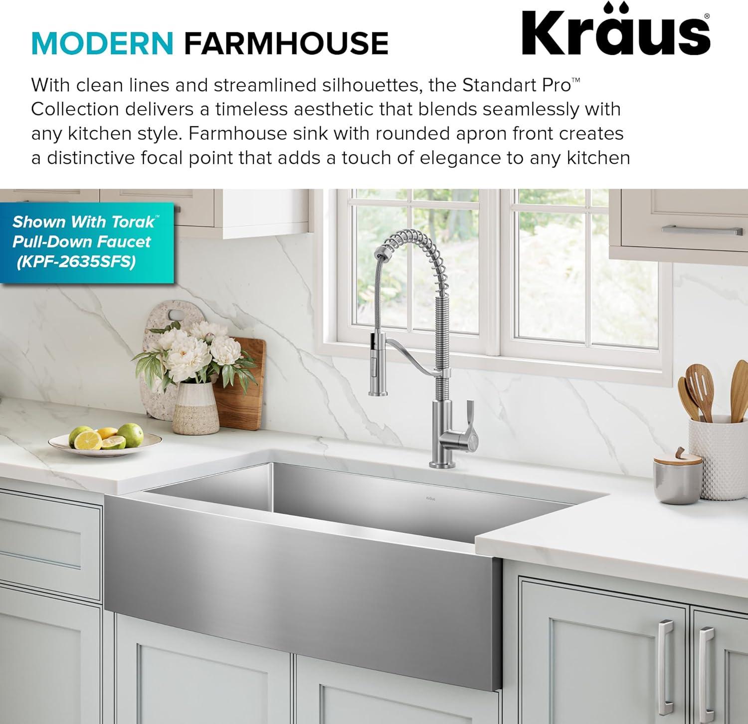 KRAUS Standart Pro Apron Front Farmhouse 16 Gauge Single Bowl Stainless Steel Kitchen Sink