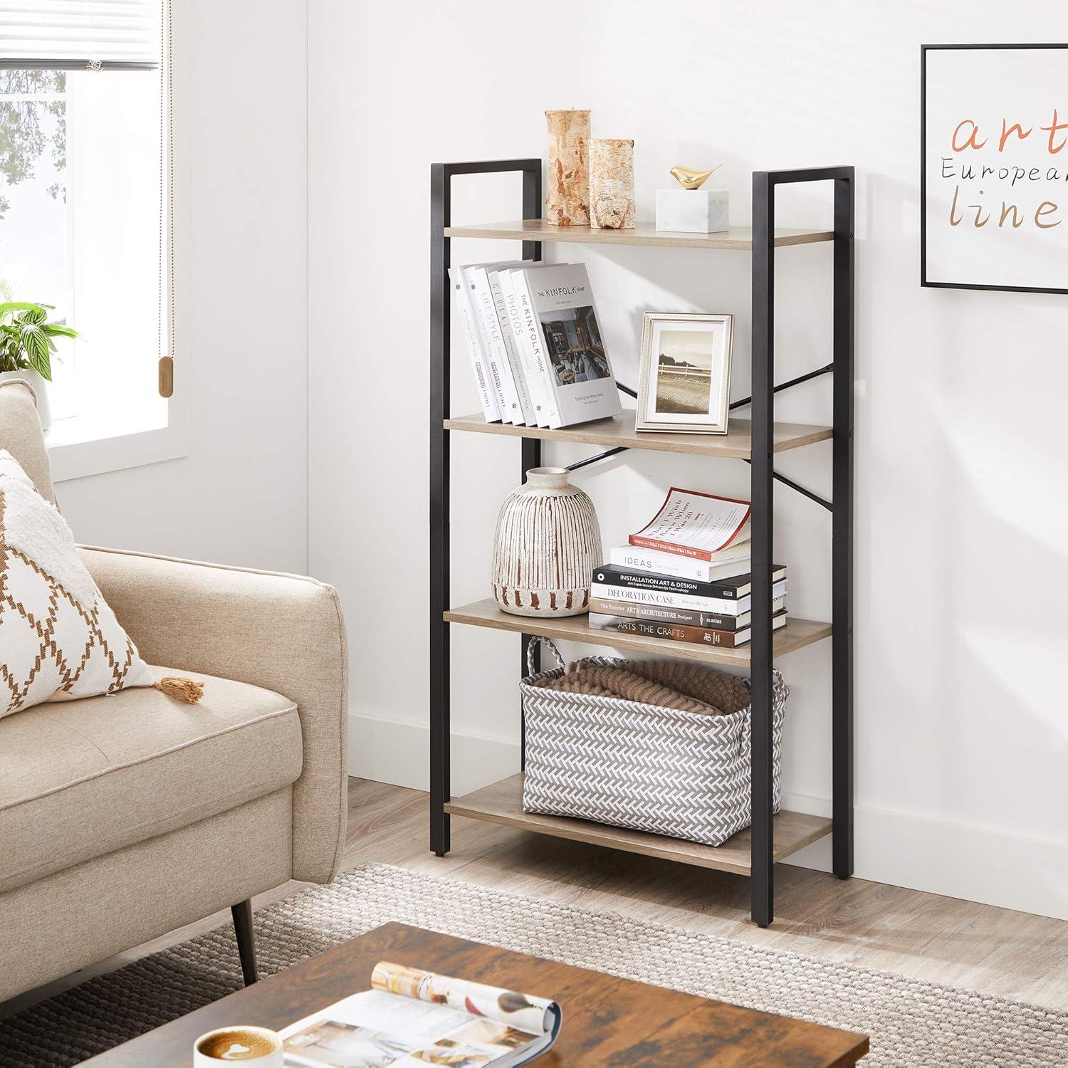 Greige and Black 4-Tier Industrial Bookshelf with Steel Frame