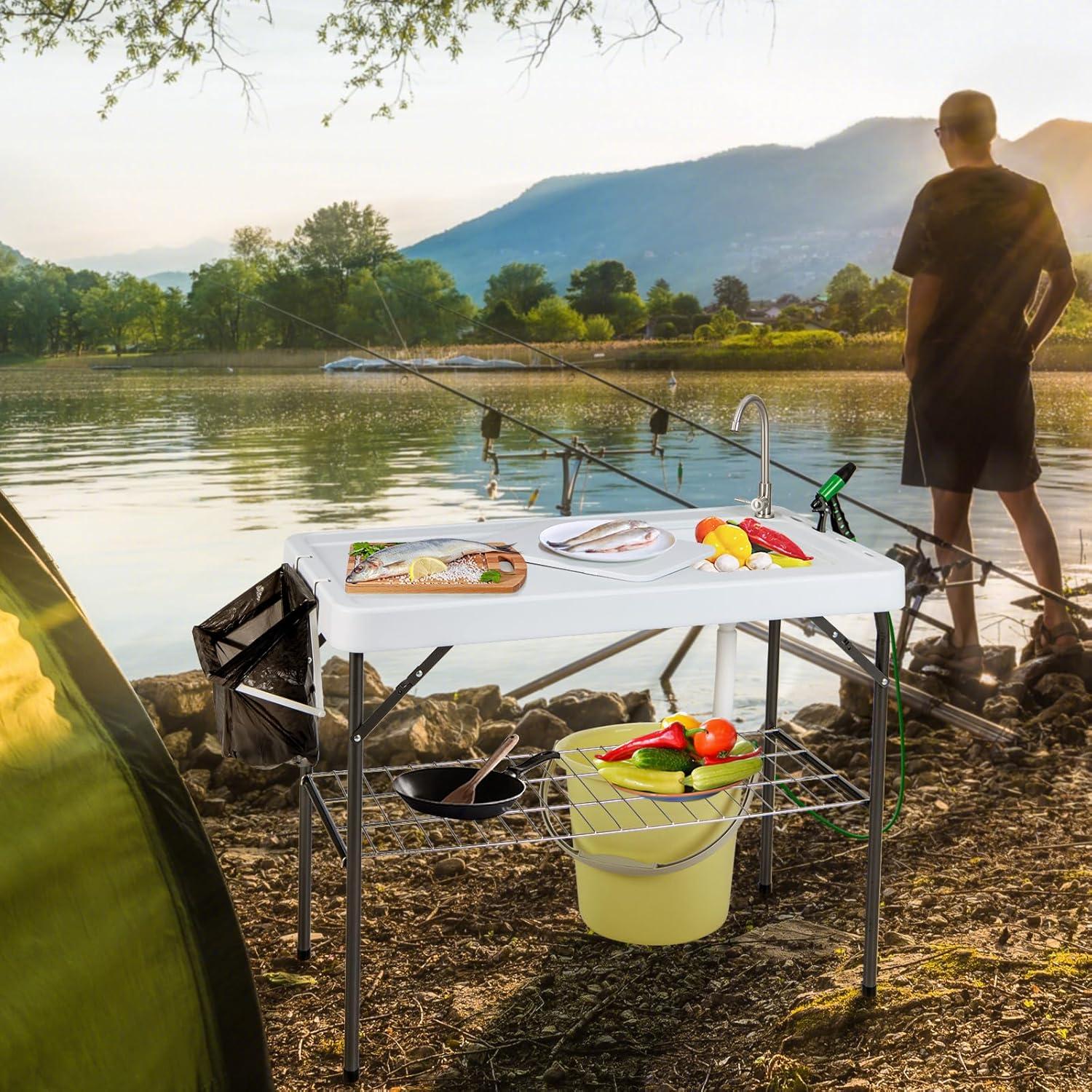 Topbuy Folding Fish Cleaning Table Fish Fillet Station w/ 360° Rotatable Faucet & Sink & Spray Nozzle & Drain Pipe Outdoor Camping Table