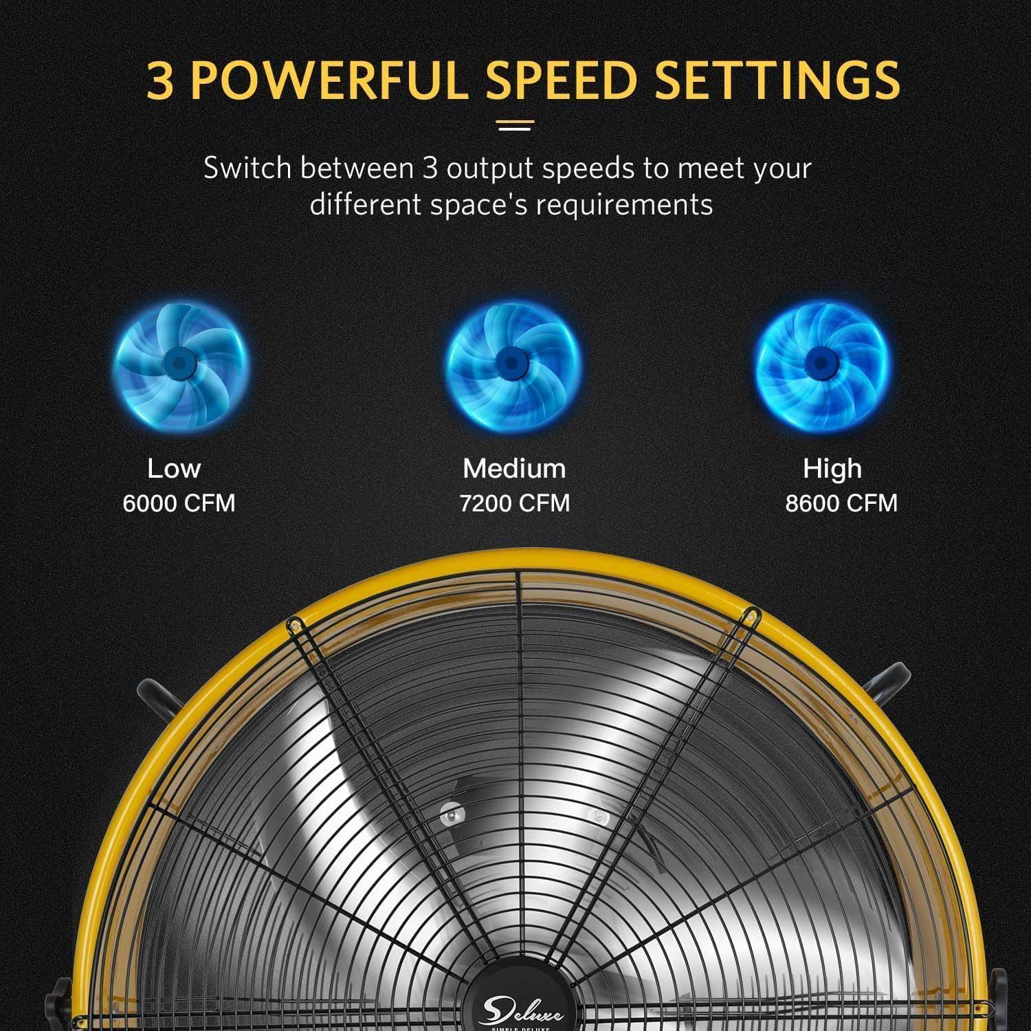 [US IN STOCK] Simple Deluxe 3 Speed Circulation for Industrial, Commercial, Residential, and Shop Use 24 Inch High Velocity Air Movement Heavy Duty Metal Drum Fan, Yellow