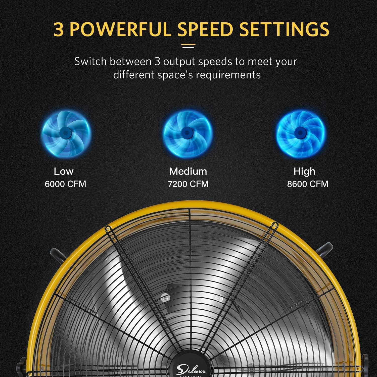 [US IN STOCK] Simple Deluxe 3 Speed Circulation for Industrial, Commercial, Residential, and Shop Use 24 Inch High Velocity Air Movement Heavy Duty Metal Drum Fan, Yellow