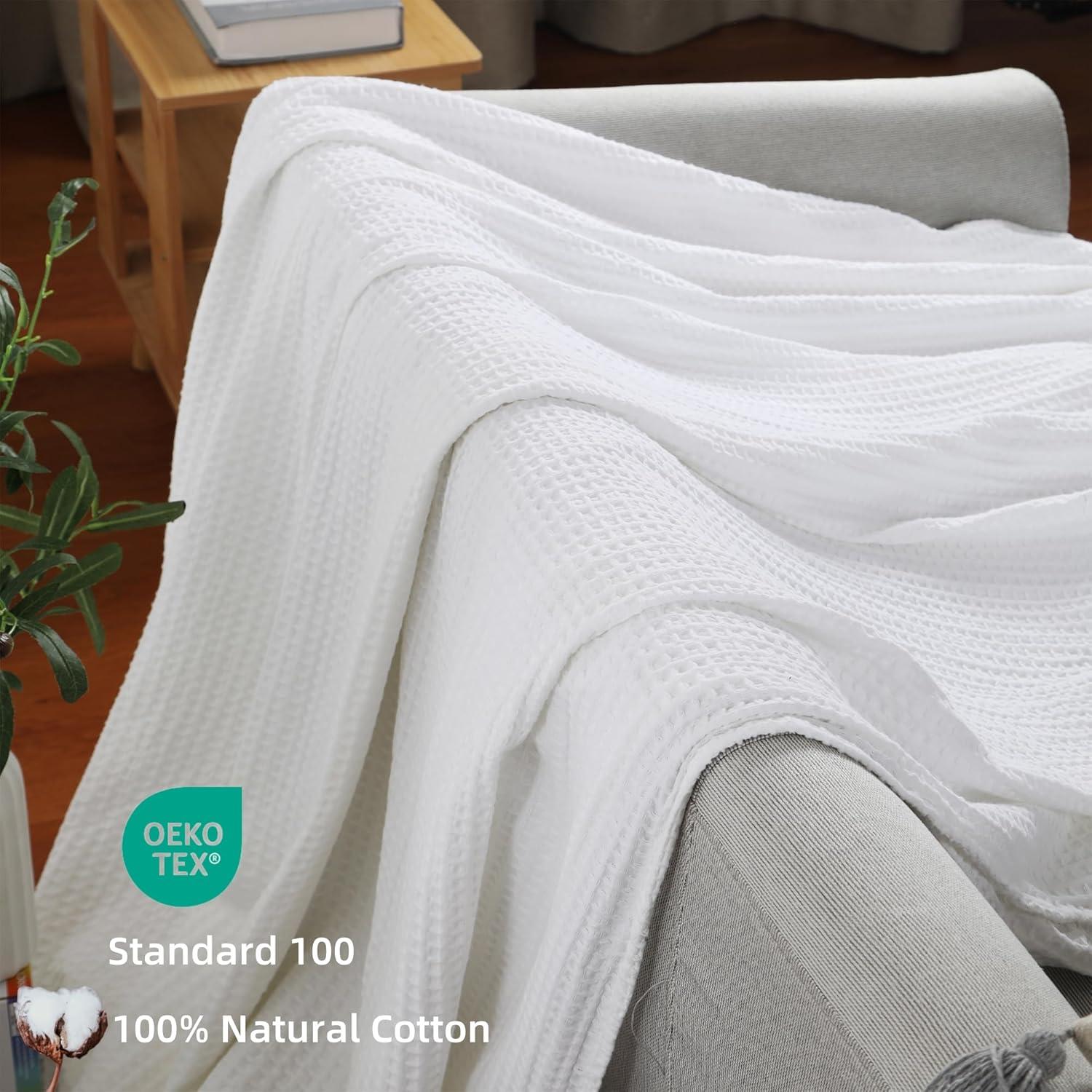 Shunjie.Home 100% Cotton Waffle Bed Blanket Queen Size, Throw Blanket for Couch All Seasons (White, 90x90)