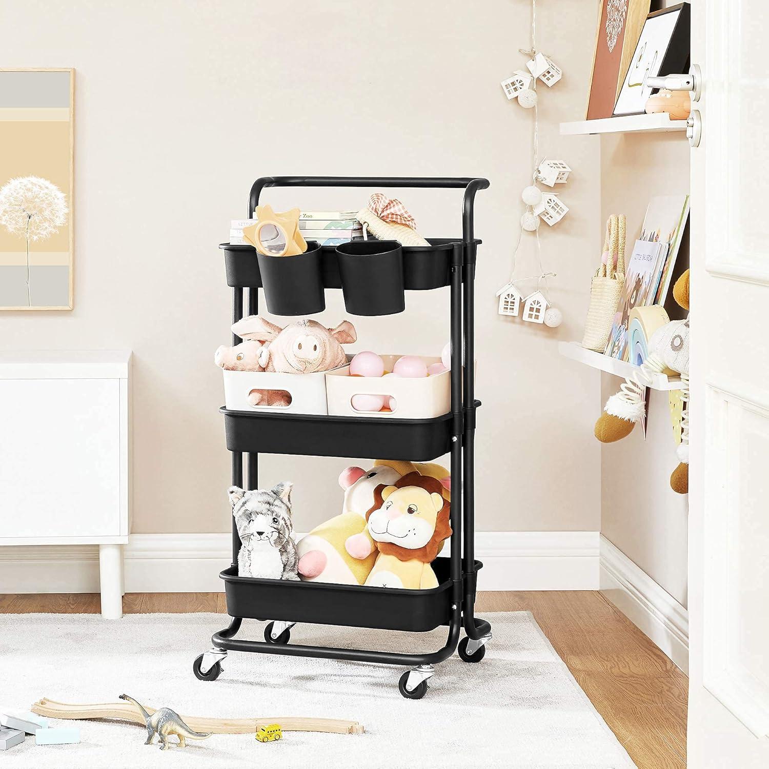 Black 3-Tier Rolling Utility Cart with Steel Frame and Plastic Baskets